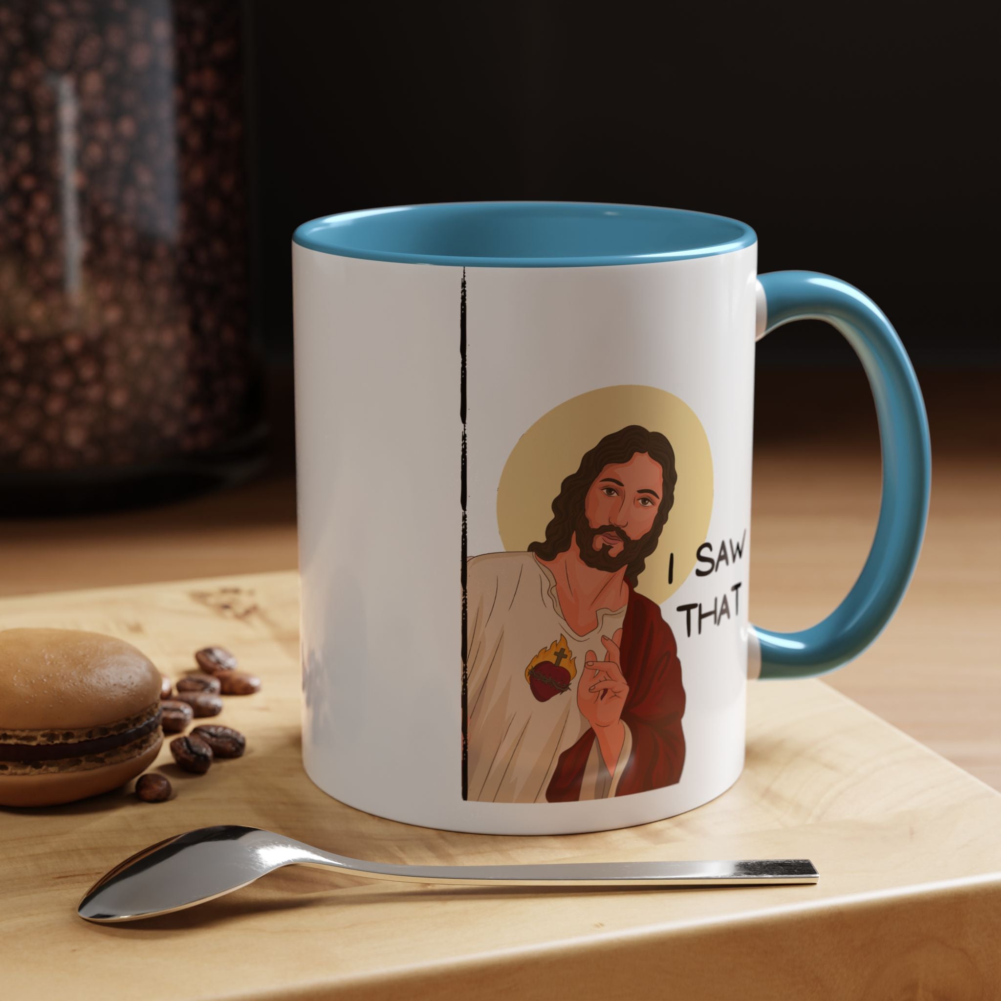 Peeking Jesus, I saw That Funny Coffee Mug, Personalized Mug, Accent Cup (11, 15oz), Gift Under 20, Gift for Atheist, faith based cup