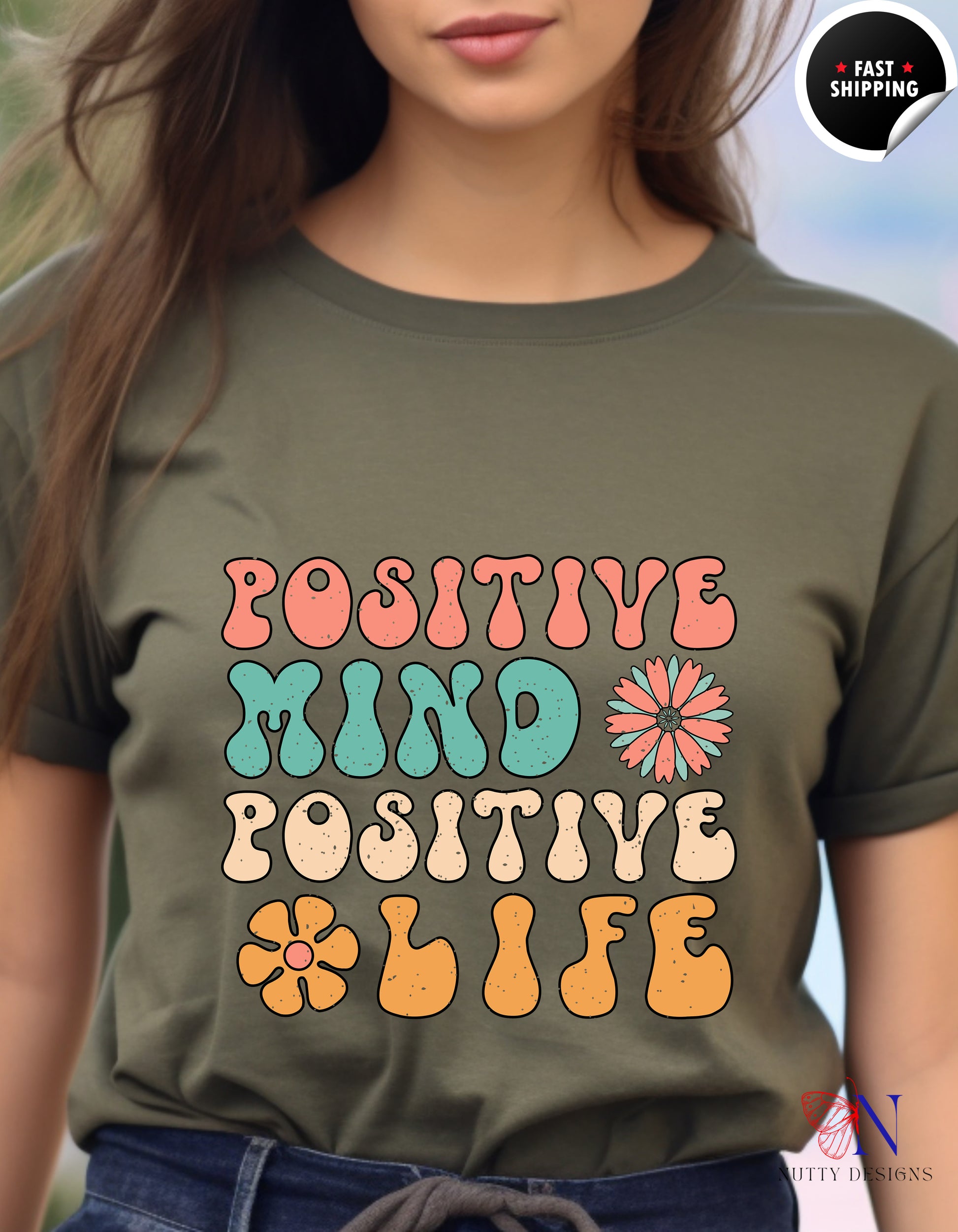 Positive Mind Positive Life — Good Vibes Only Encouraging T-Shirt Lifestyle Mockup | Nutty Designs