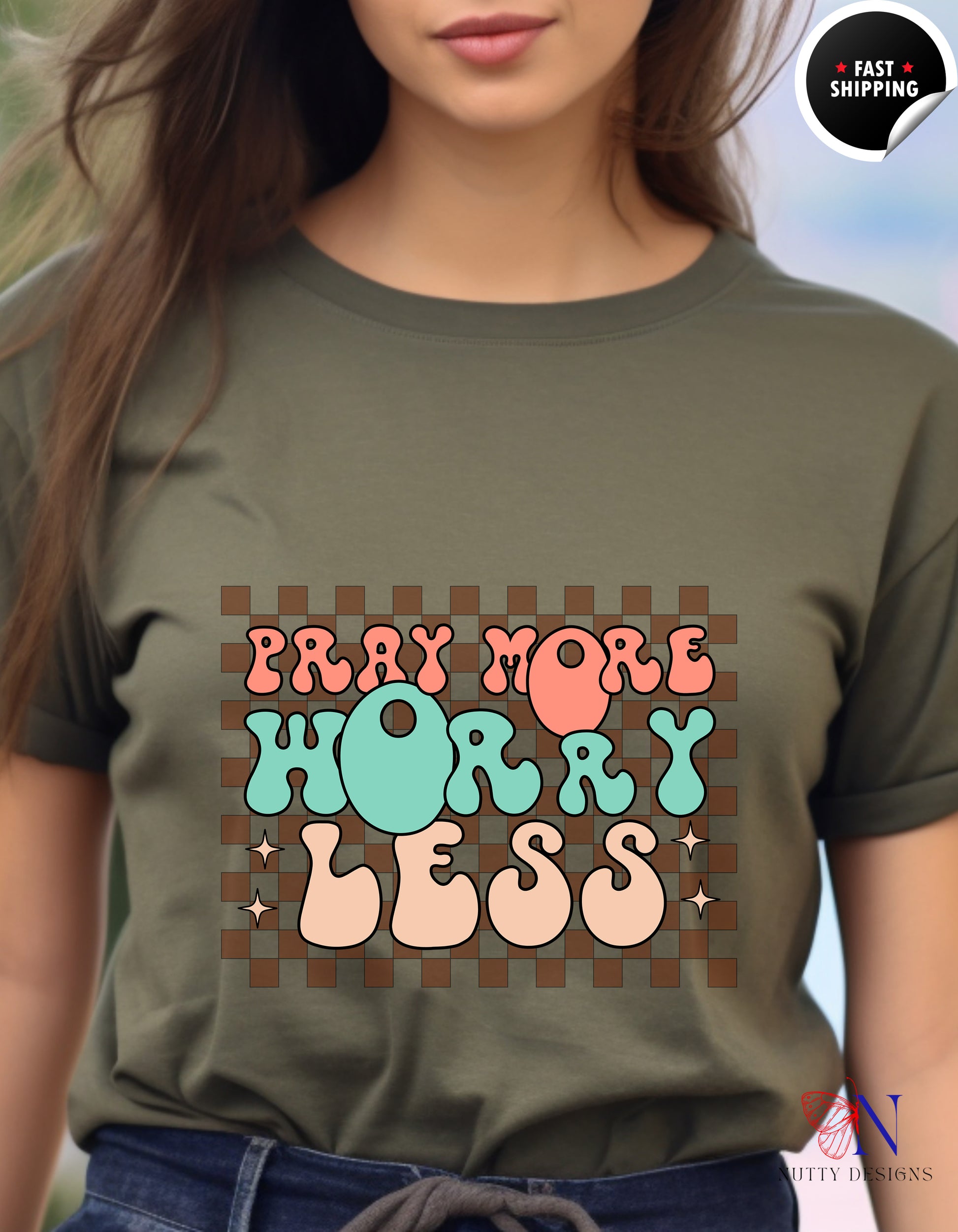 Pray More, Worry Less, Encouraging , Happy T-Shirt Lifestyle Mockup | Nutty Designs