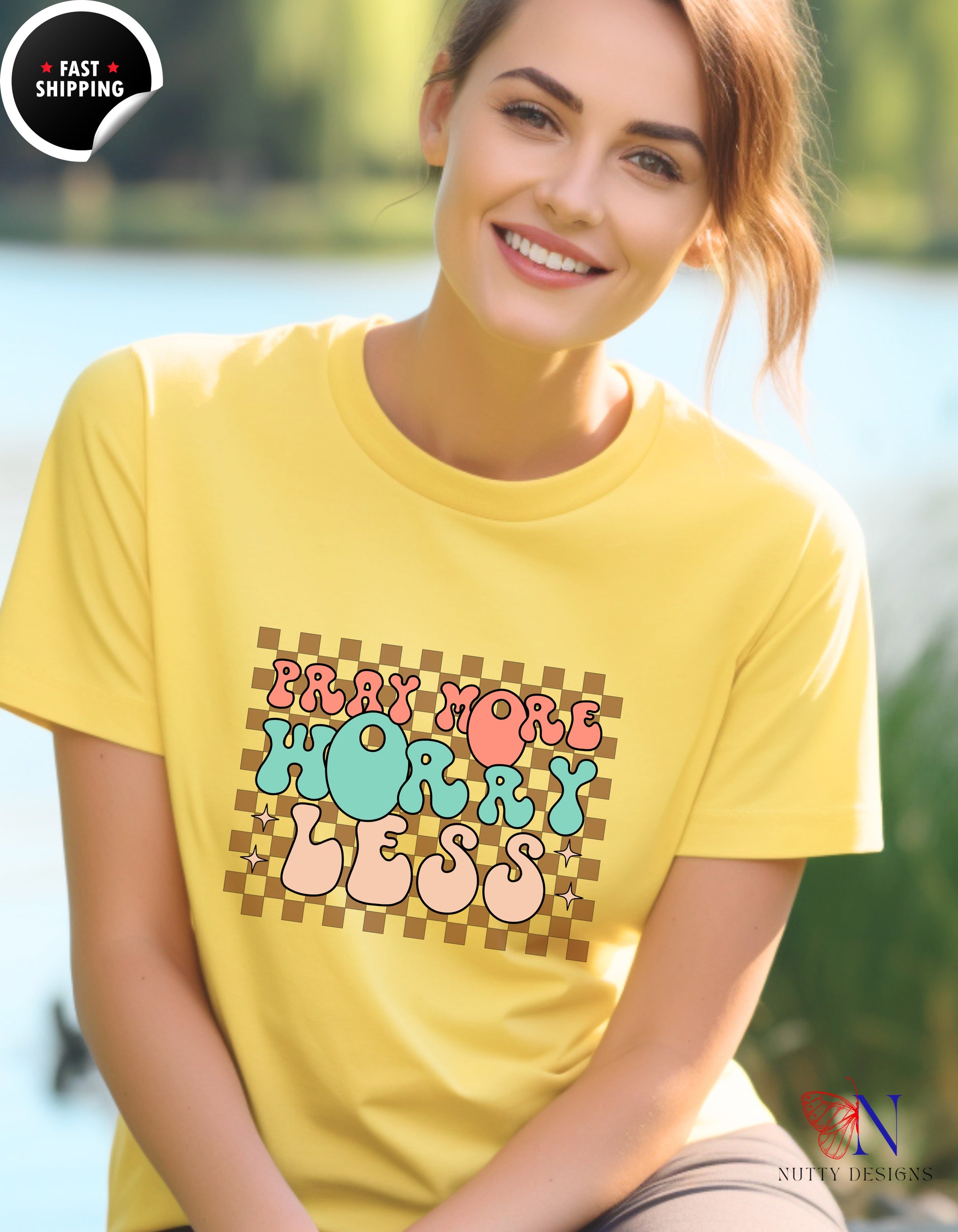 Pray More, Worry Less, Encouraging , Happy T-Shirt Lifestyle Mockup | Nutty Designs