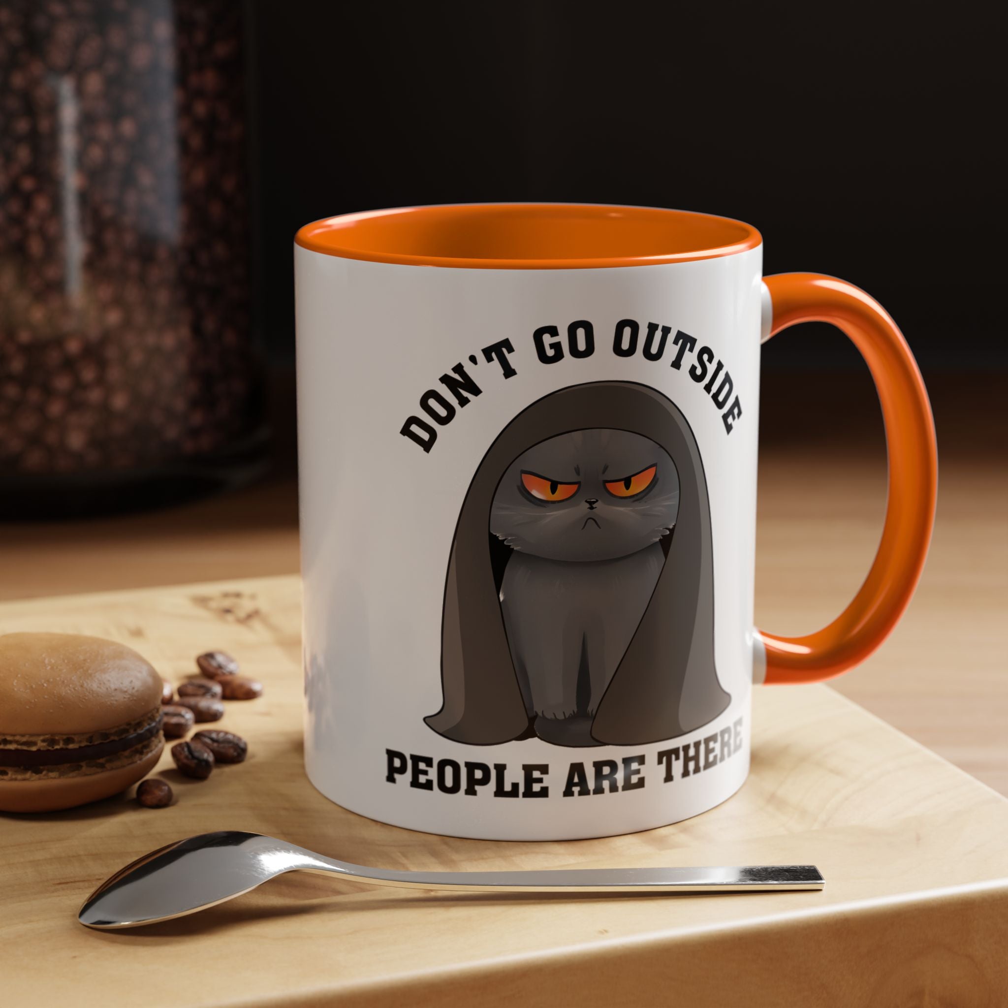 Funny Coffee Mug, Personalized Mug, Grumpy Cat Don't Go Outside People Are There Accent Cup (11, 15oz), Gift Under 20, White Elephant