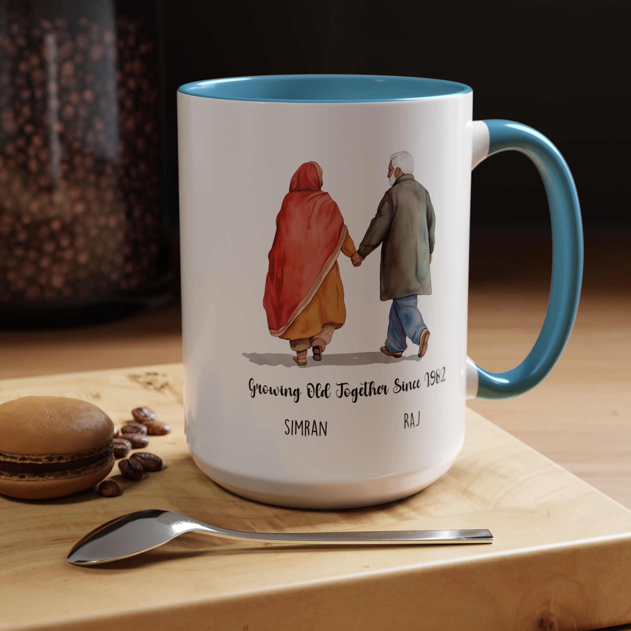 Funny Coffee Mug, Personalized Mug, Growing Old Together Since Indian Couple Accent Cup 11/15oz, Anniversary, Wedding, Romantic For Him her