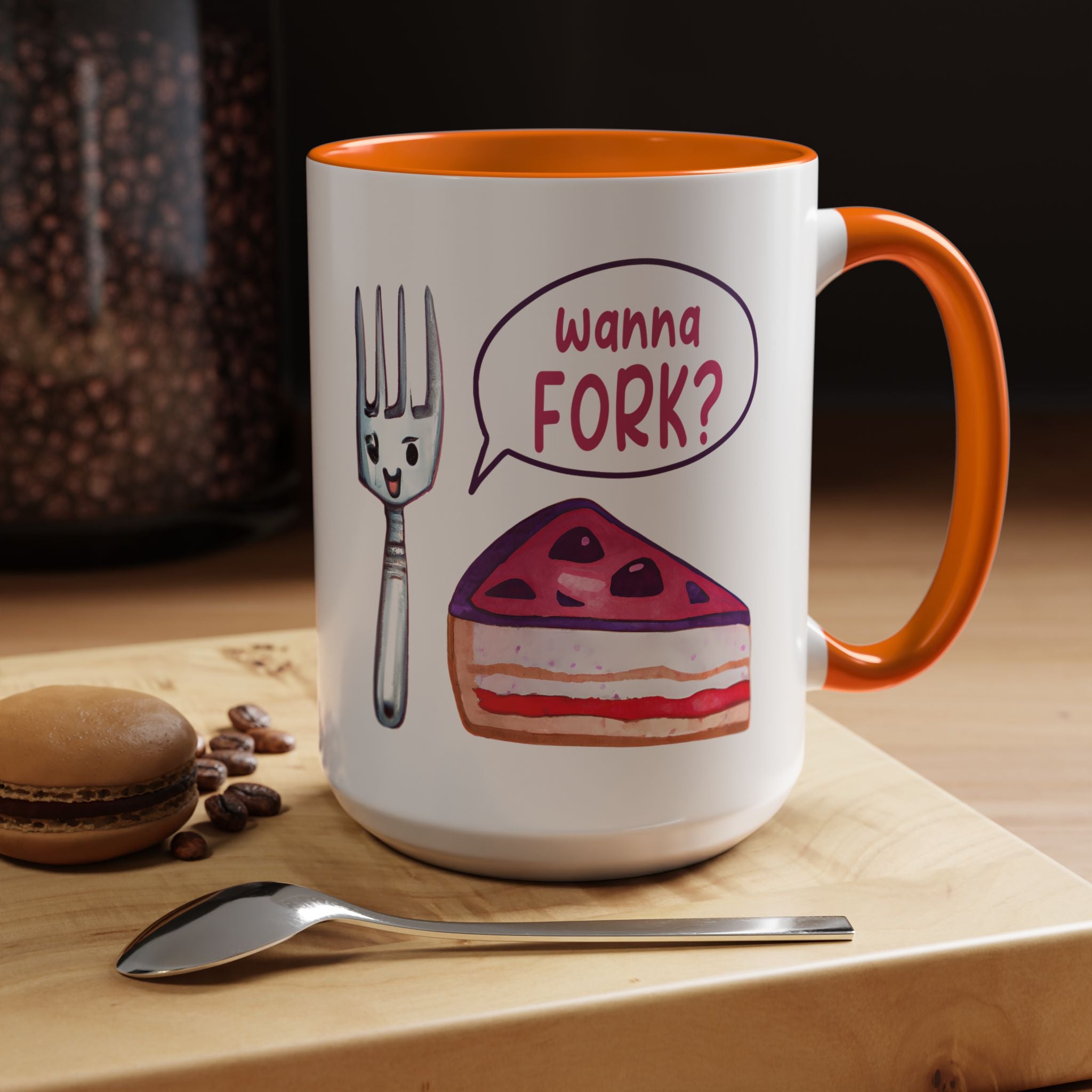Wanna Fork? Cute Cake & Fork Illustration Mug Lifestyle Mockup | Nutty Designs