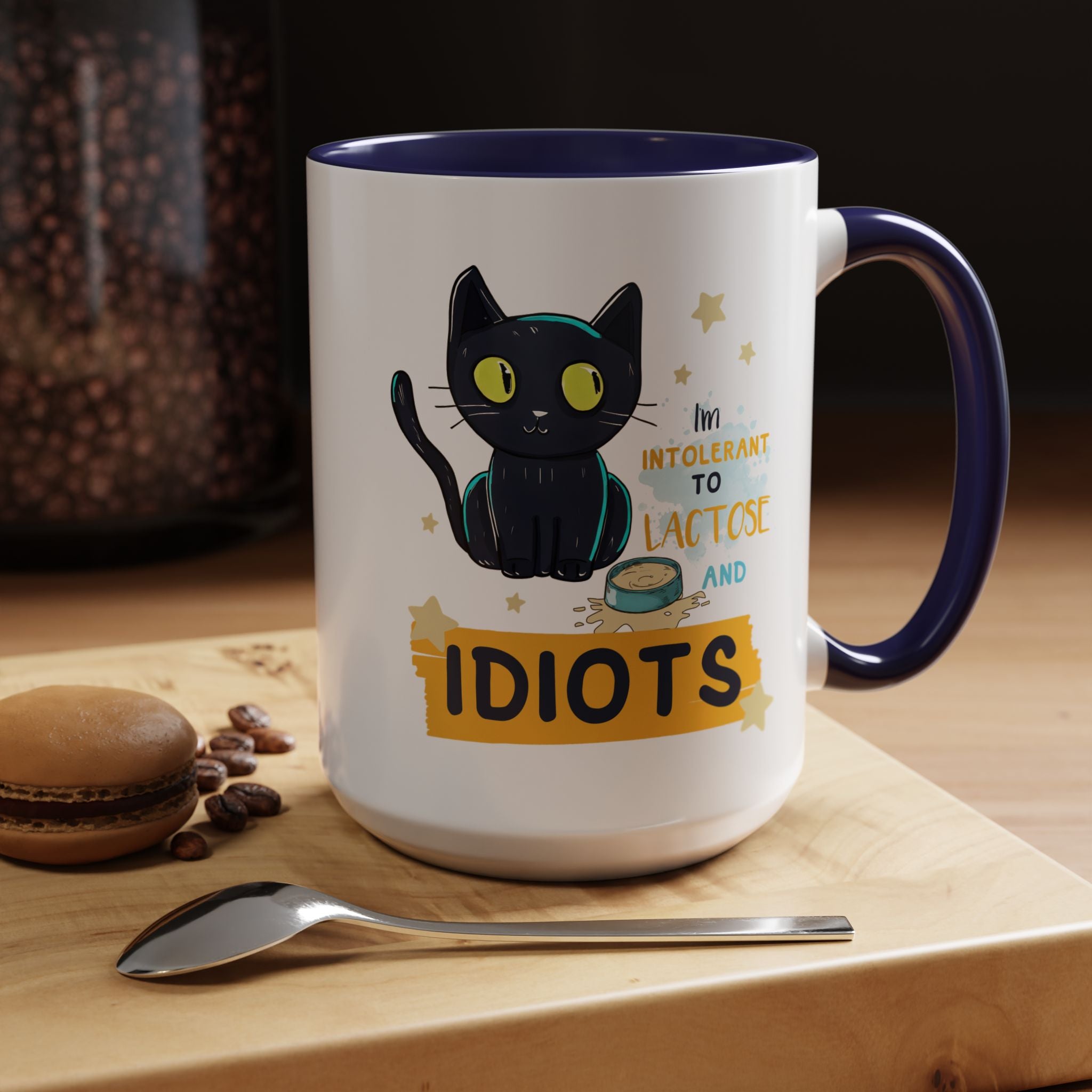 Funny Coffee Mug, Personalized Mug, Cute Cat Intolerant To Lactose and Idiots Accent Cup (11, 15oz), Gift Under 20, White Elephant gift