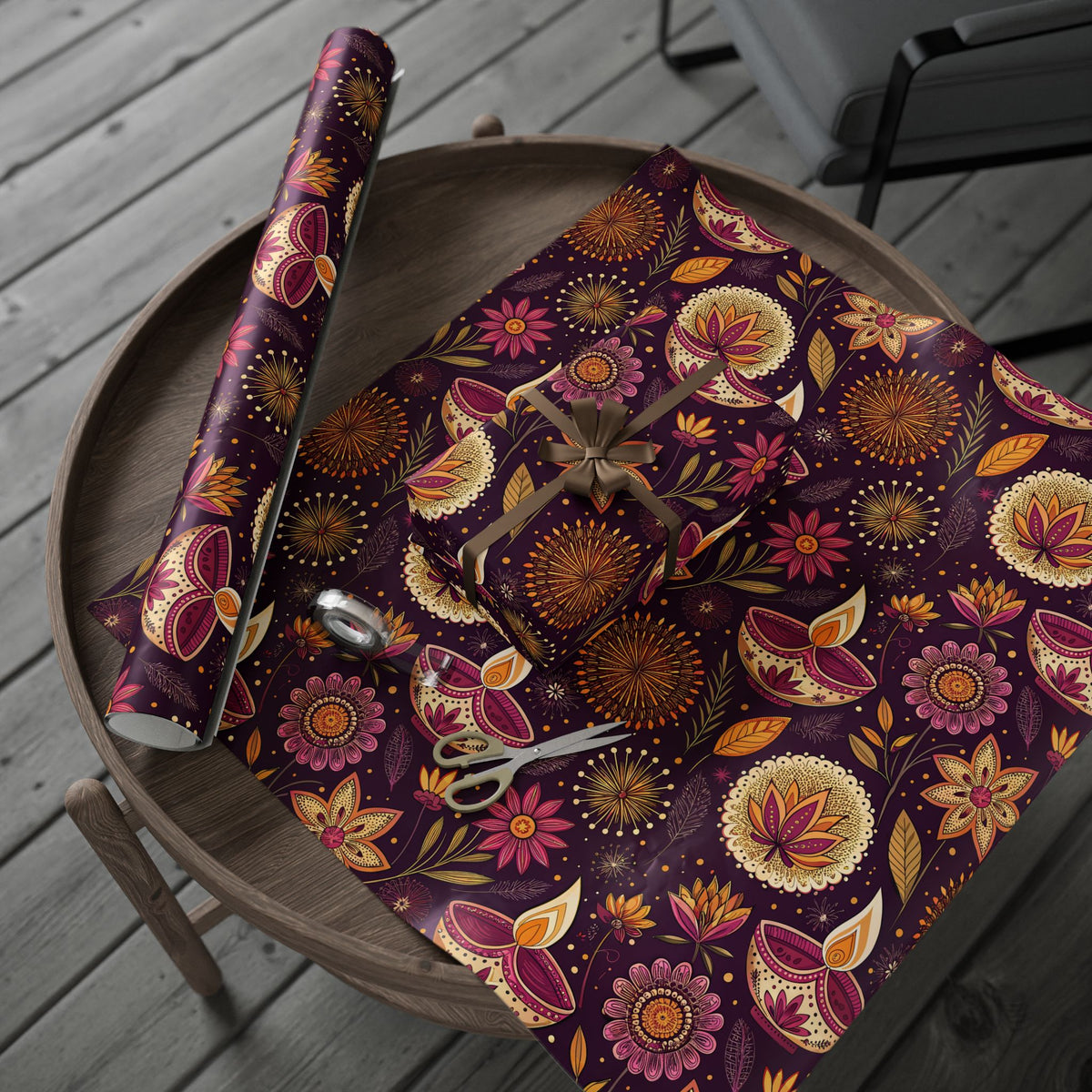 Diwali Wrapping Paper Roll - Purple Diyas & Floral Indian Gift Wrap
