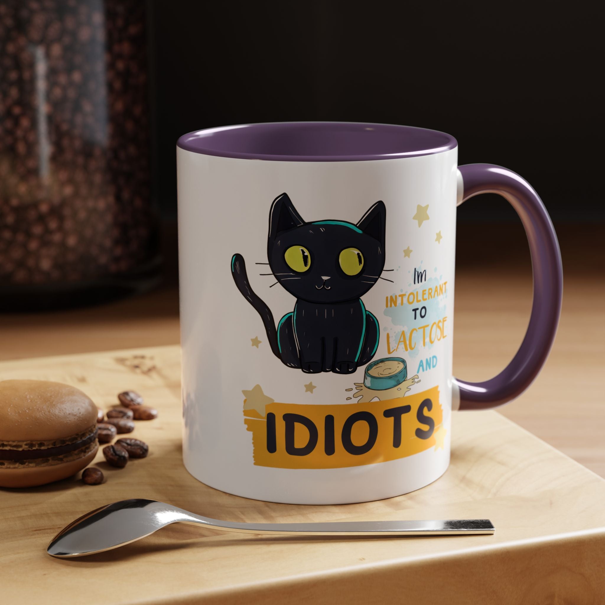 Funny Coffee Mug, Personalized Mug, Cute Cat Intolerant To Lactose and Idiots Accent Cup (11, 15oz), Gift Under 20, White Elephant gift
