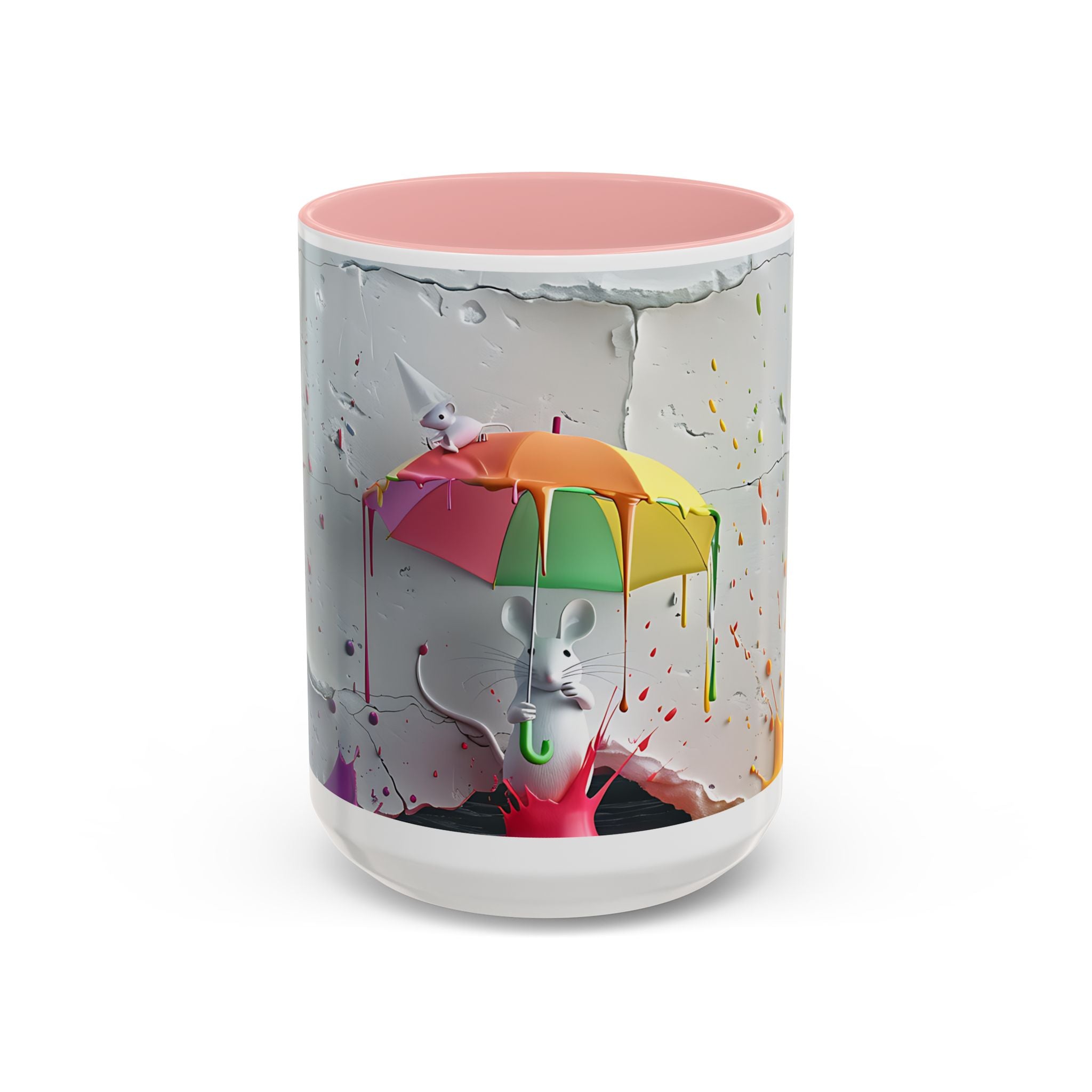 Coffee Mug - Cute Mouse Colorful Umbrella In Rain 3D Design - 11oz, 15oz