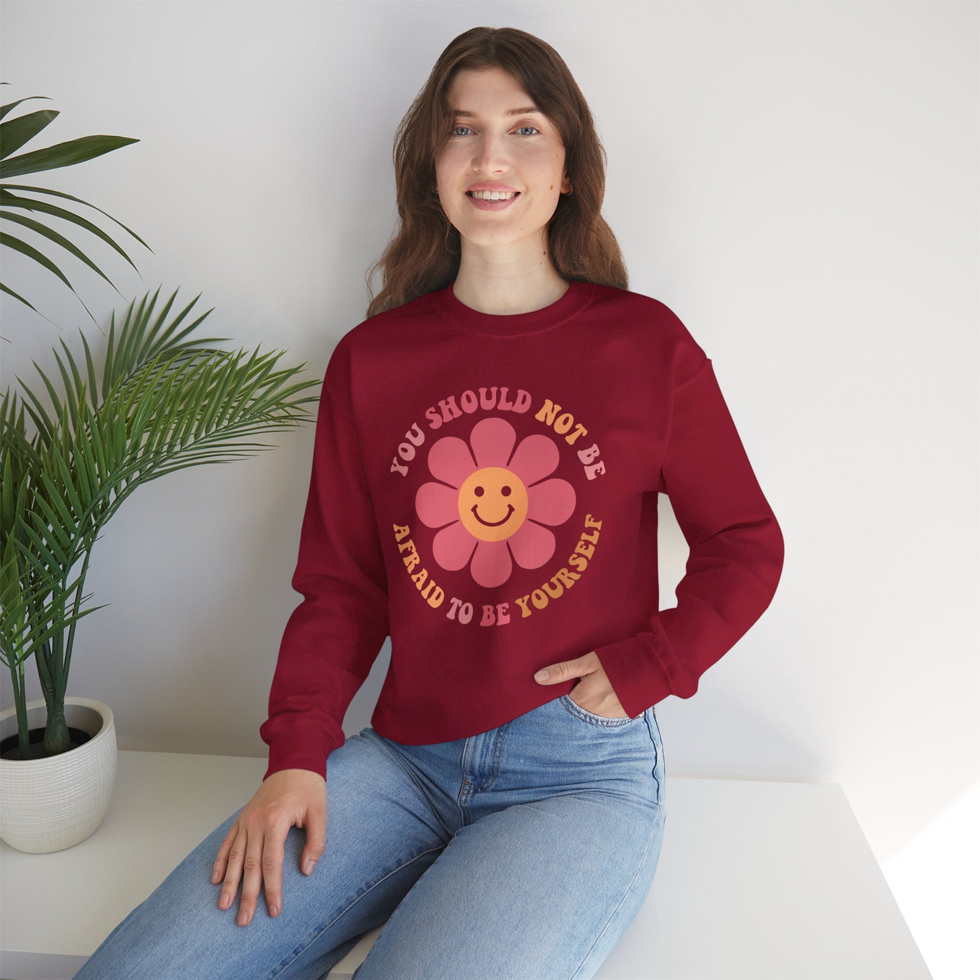 Positive affirmation crewneck sweatshirt with motivational quote for fall. Unisex autumn sweater promoting self-care and mental health awareness.