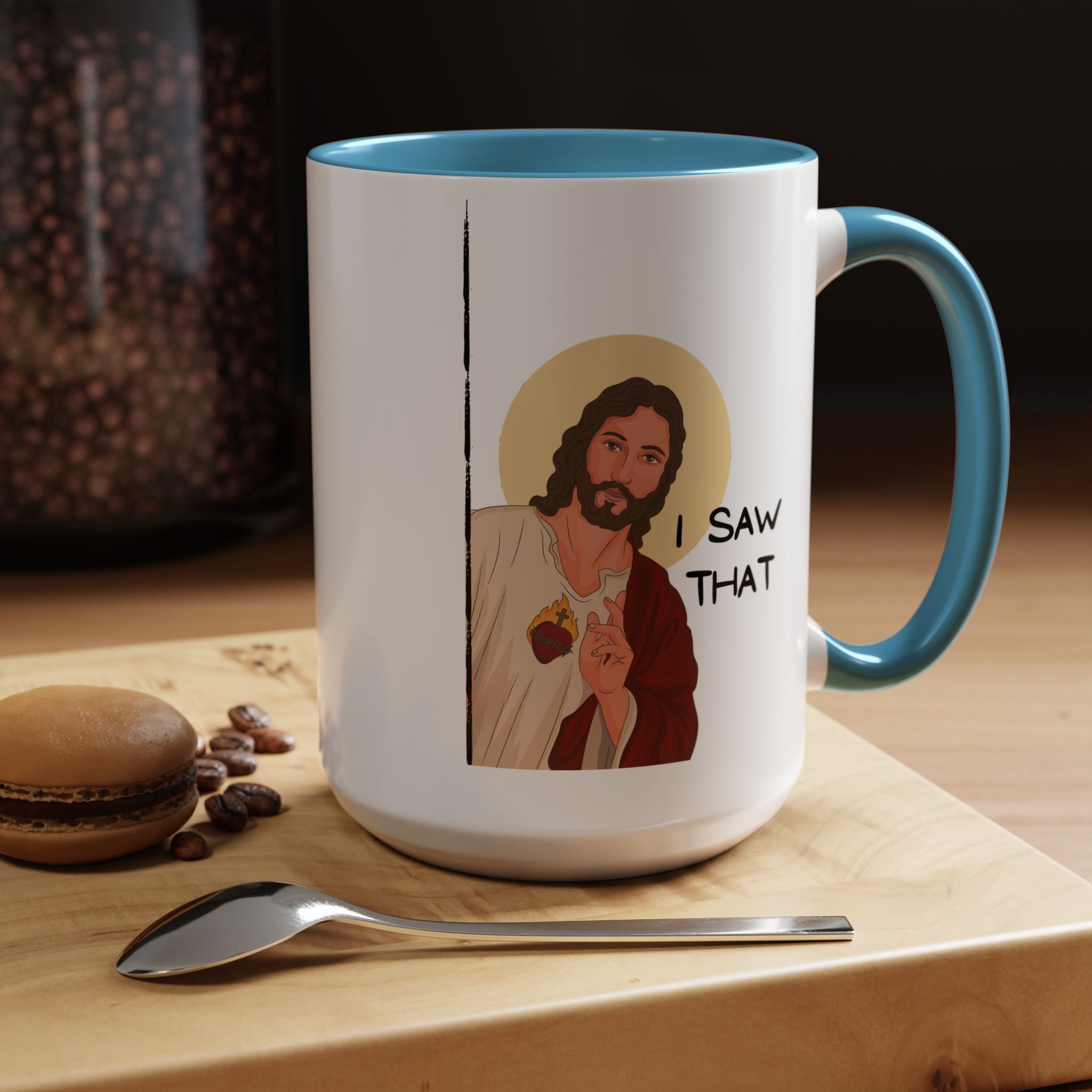 Peeking Jesus, I saw That Funny Coffee Mug, Personalized Mug, Accent Cup (11, 15oz), Gift Under 20, Gift for Atheist, faith based cup