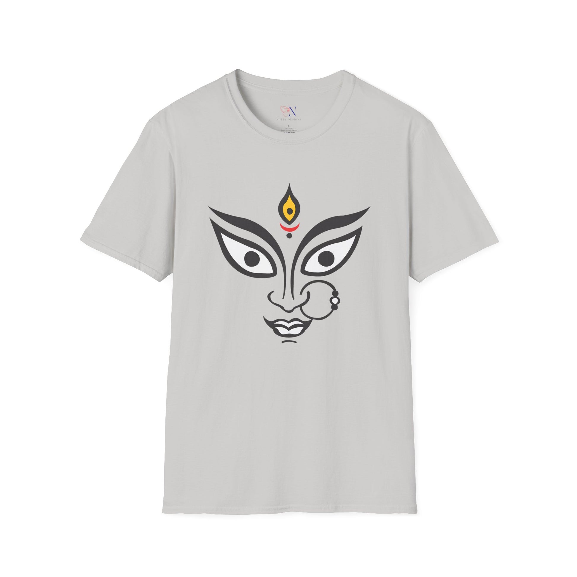 Gray Durga Maa graphic t-shirt, perfect Diwali gift for Hindu religion followers, Navratri, Durga Pooja celebration attire.