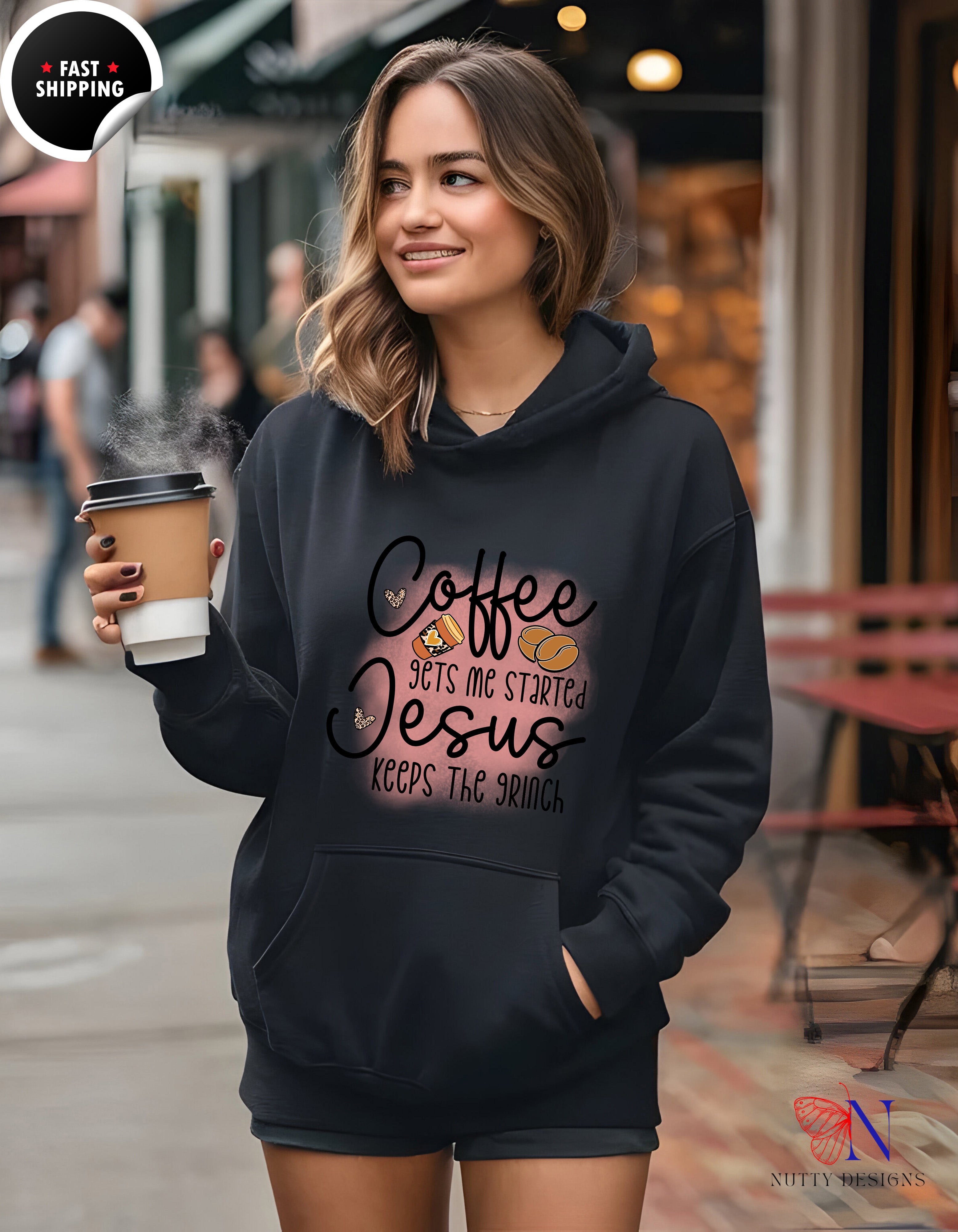 Coffee Jesus — "Coffee Gets Me Started, Jesus Keeps The Hoodie Lifestyle Mockup | Nutty Designs