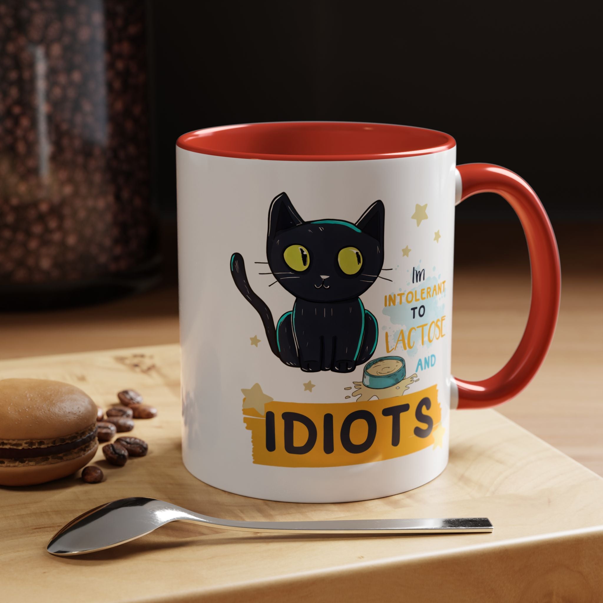 Funny Coffee Mug, Personalized Mug, Cute Cat Intolerant To Lactose and Idiots Accent Cup (11, 15oz), Gift Under 20, White Elephant gift