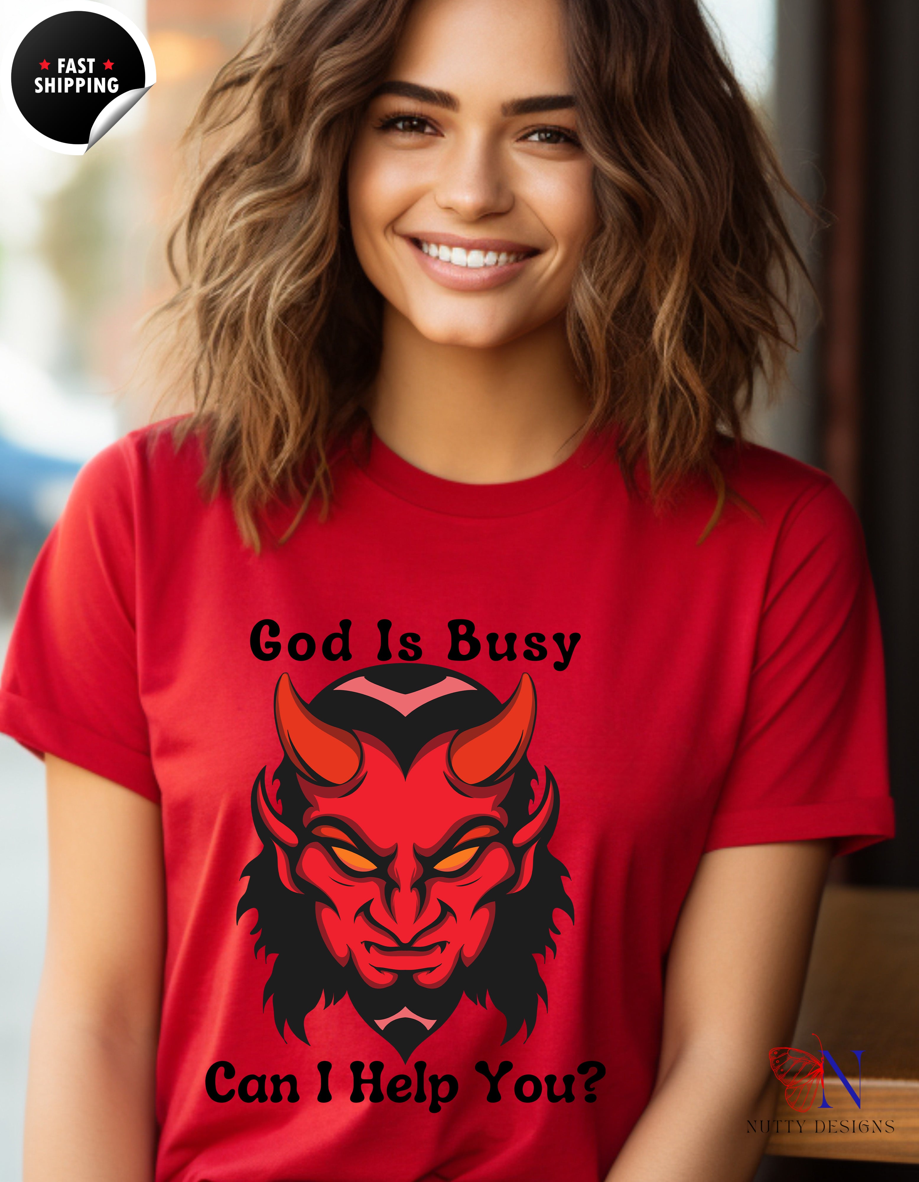 God Is Busy Dark , atheist religious T-Shirt Lifestyle Mockup | Nutty Designs