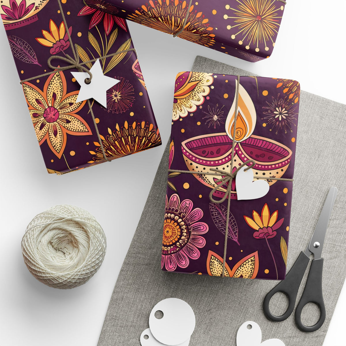 Diwali Wrapping Paper Roll - Purple Diyas & Floral Indian Gift Wrap
