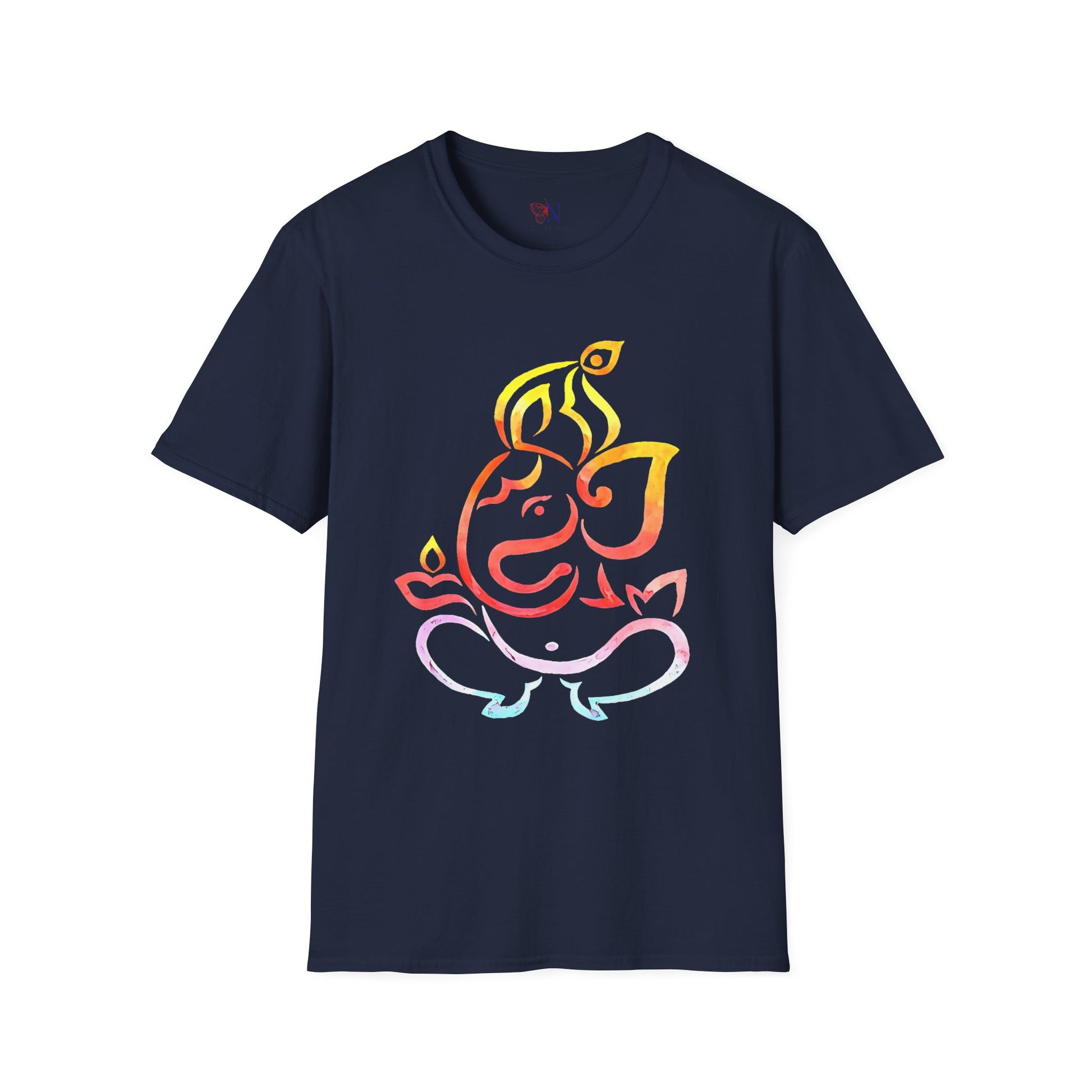 Colorful Ganesha graphic T-shirt with vibrant design on dark background, ideal for casual wear and gifting.