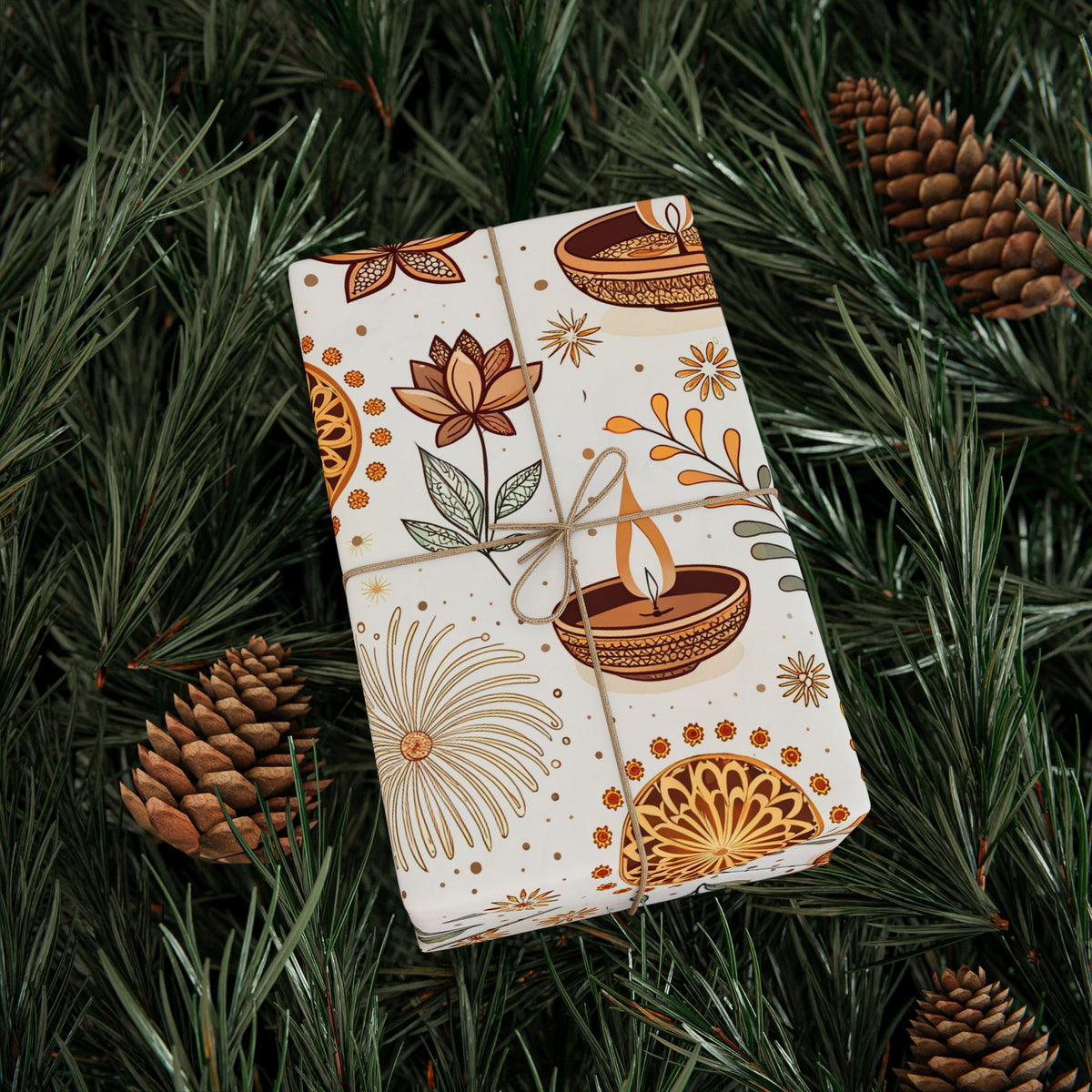 Diwali Wrapping Paper Roll - Ivory Botanical Diyas Indian Gift Wrap