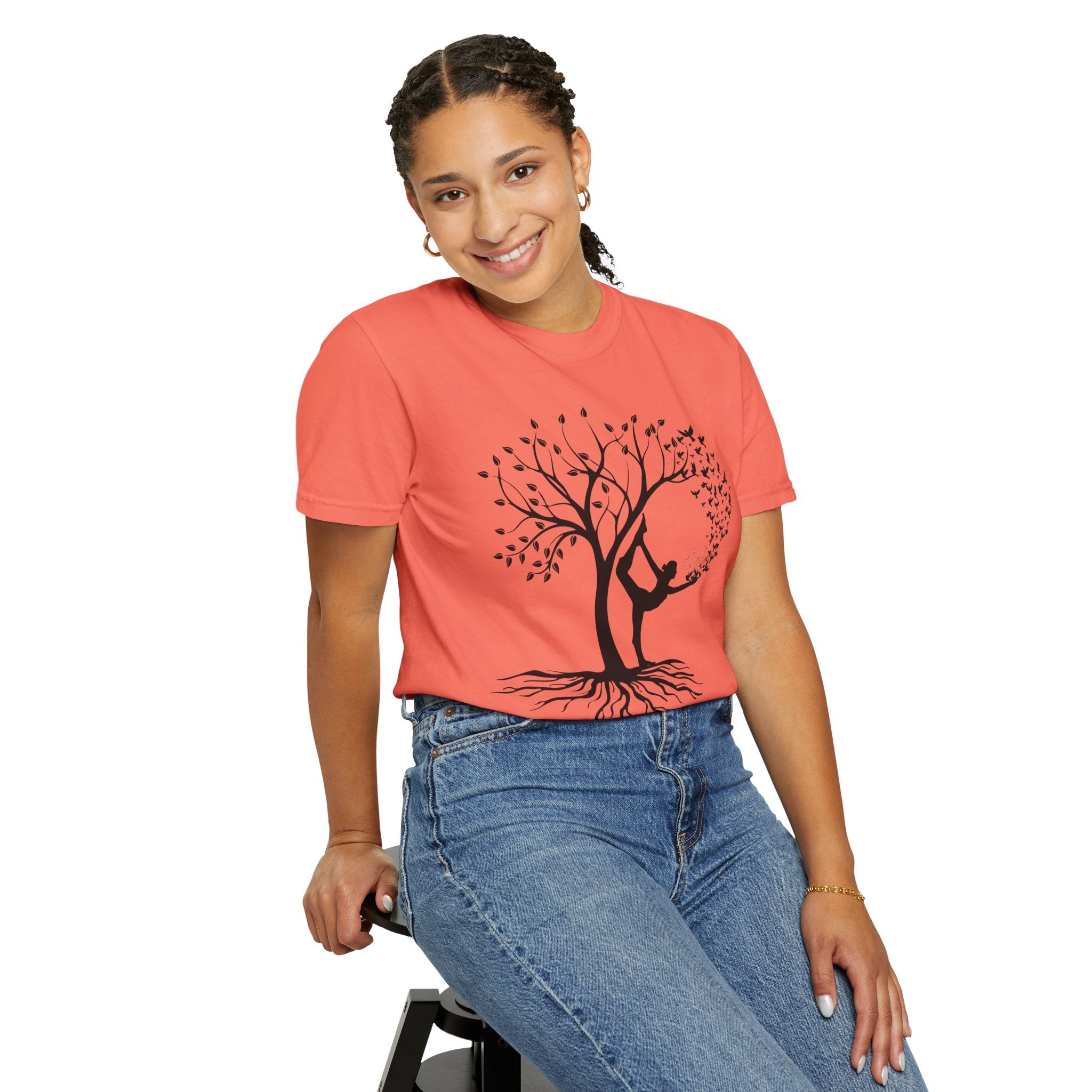 Woman Yoga Tree & Bird Meditation T-Shirt — Calming, Positive Motivational Tee
