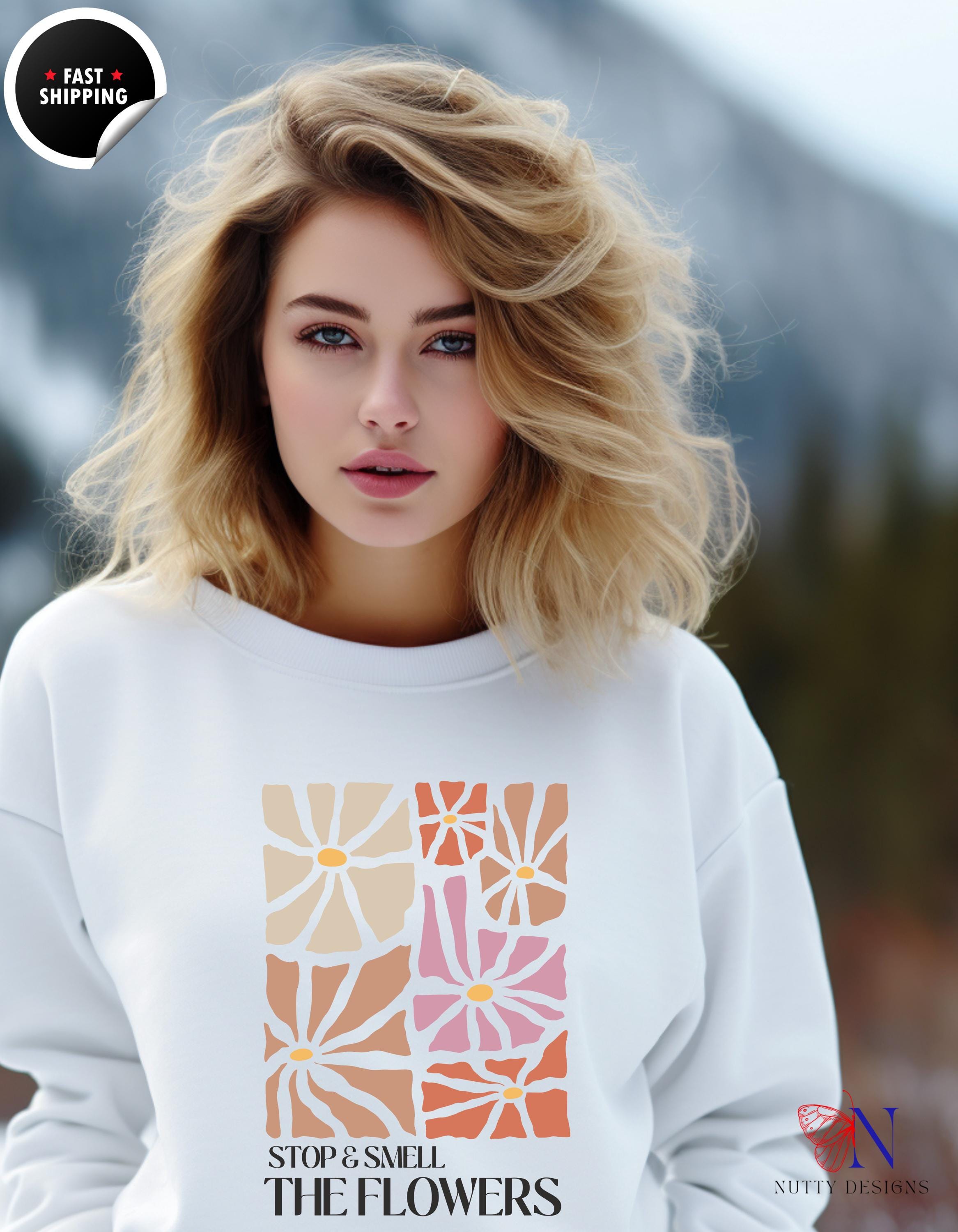 Boho Stop & Smell Flowers Sweatshirt | Cozy Floral Graphic Tee | Perfect Gift for Nature Lovers and Bohemian Style