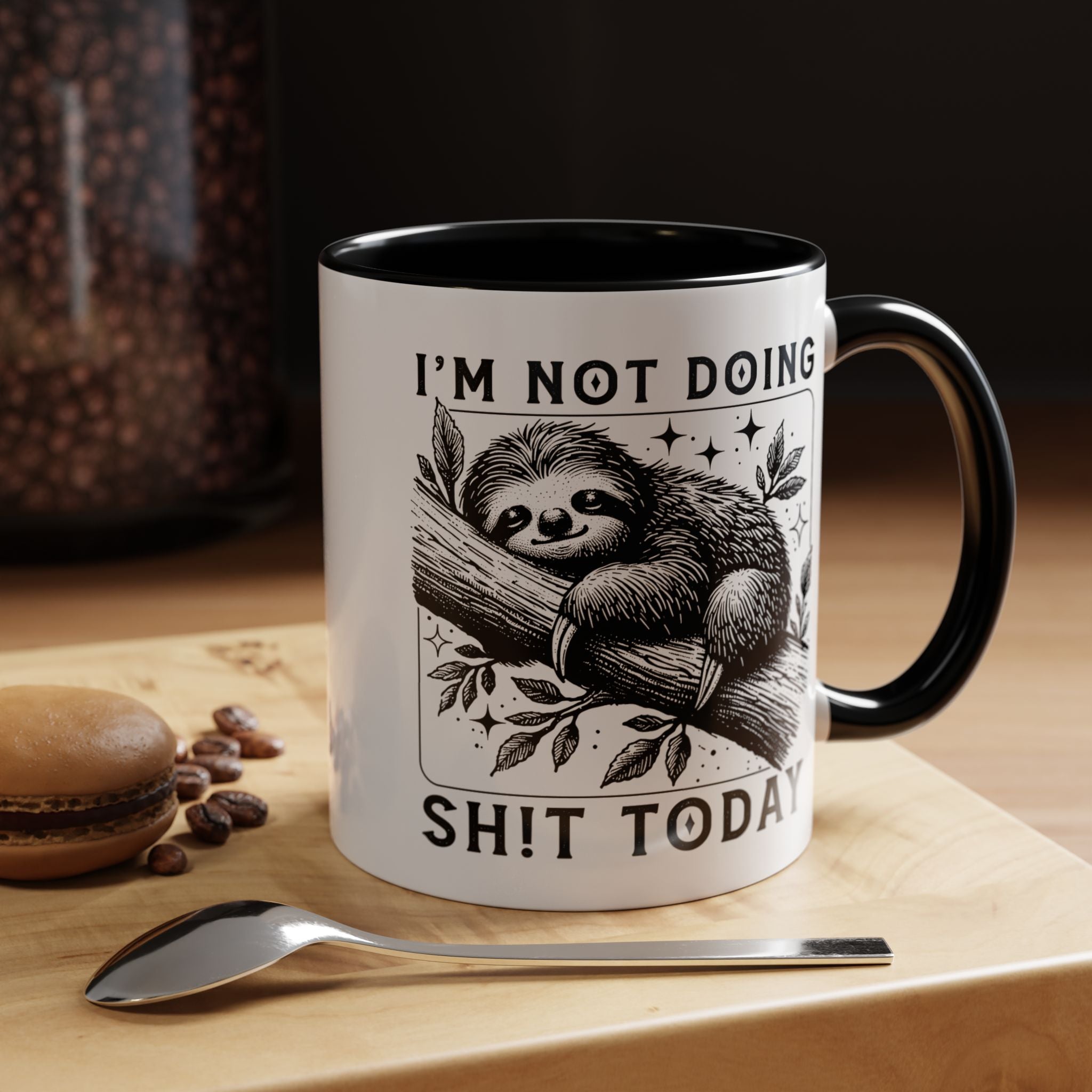Funny Coffee Mug, Personalized Mug, Cute Sloth I am Not Doing Shit Today,  Accent Cup (11, 15oz), Gift Under 20, White Elephant