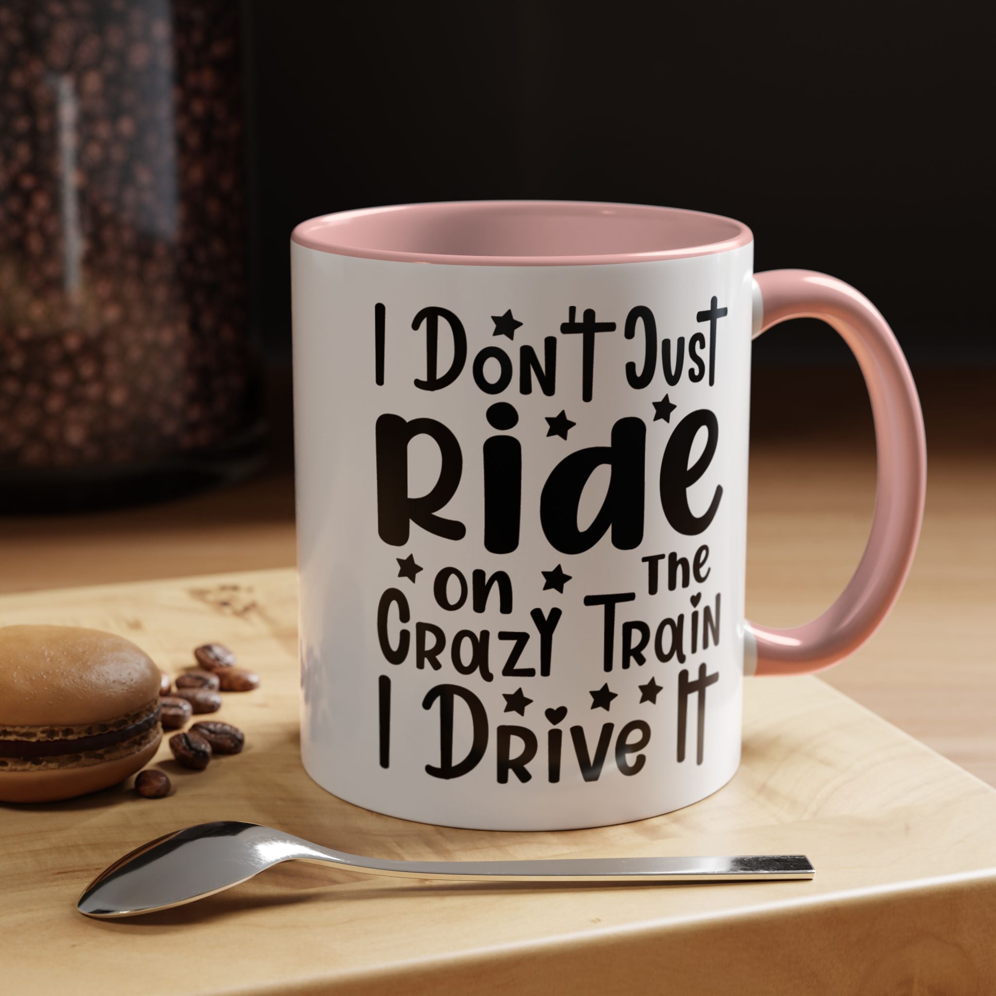 Funny Coffee Mug, Personalized Mug, I don't Just Ride On The Crazy Train I Drive It,  Accent Cup (11, 15oz), Gift Under 20, White Elephant