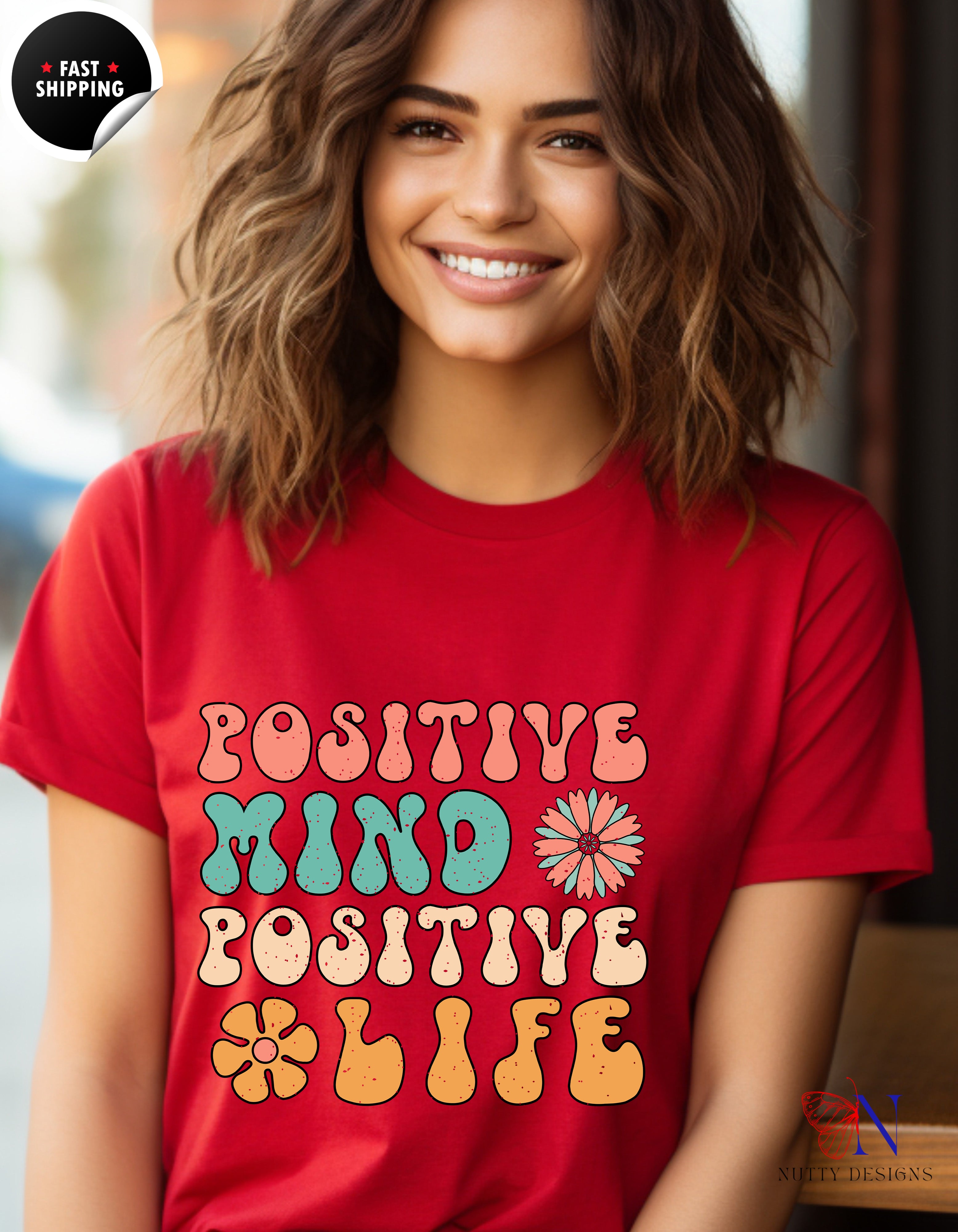 Positive Mind Positive Life — Good Vibes Only Encouraging T-Shirt Lifestyle Mockup | Nutty Designs