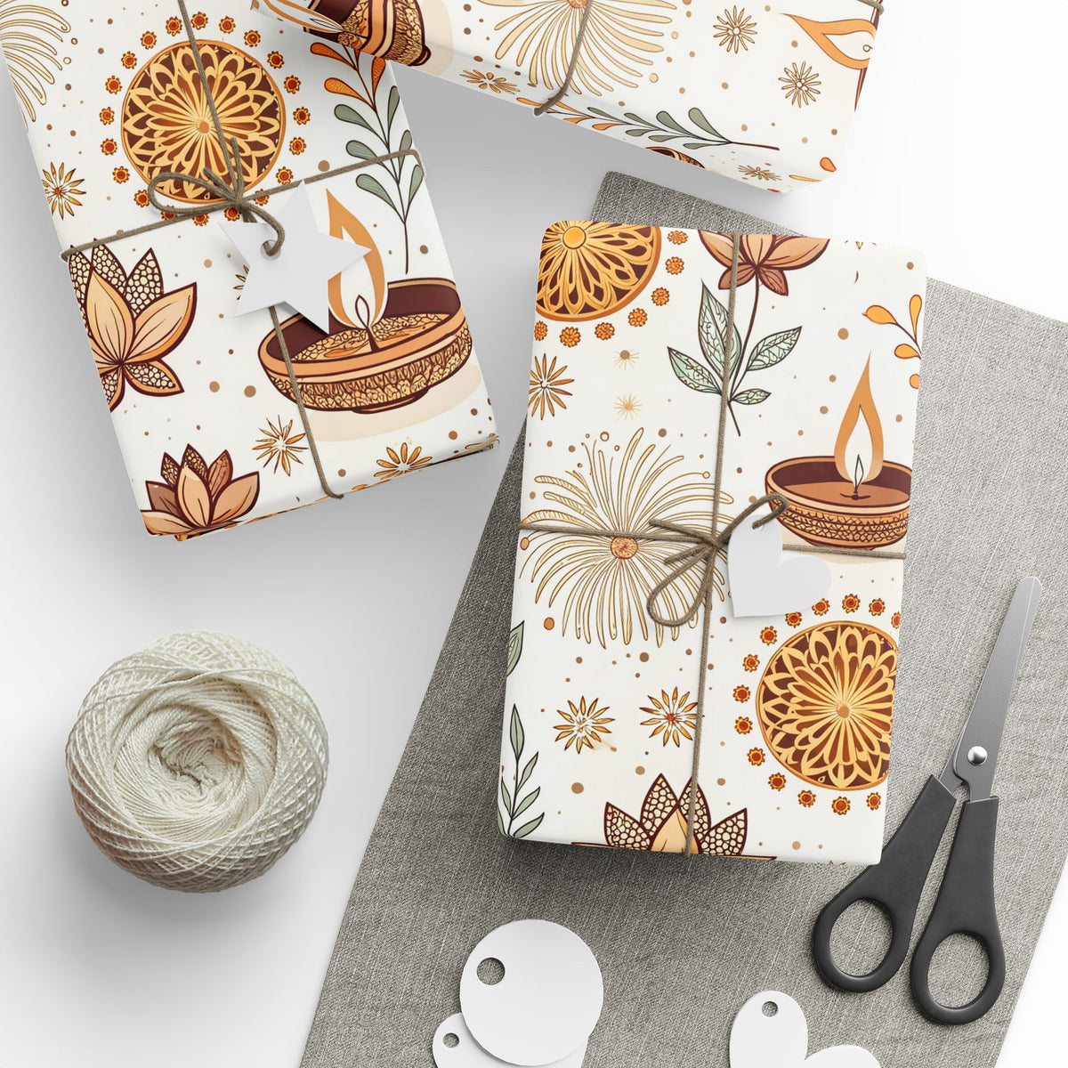 Diwali Wrapping Paper Roll - Ivory Botanical Diyas Indian Gift Wrap