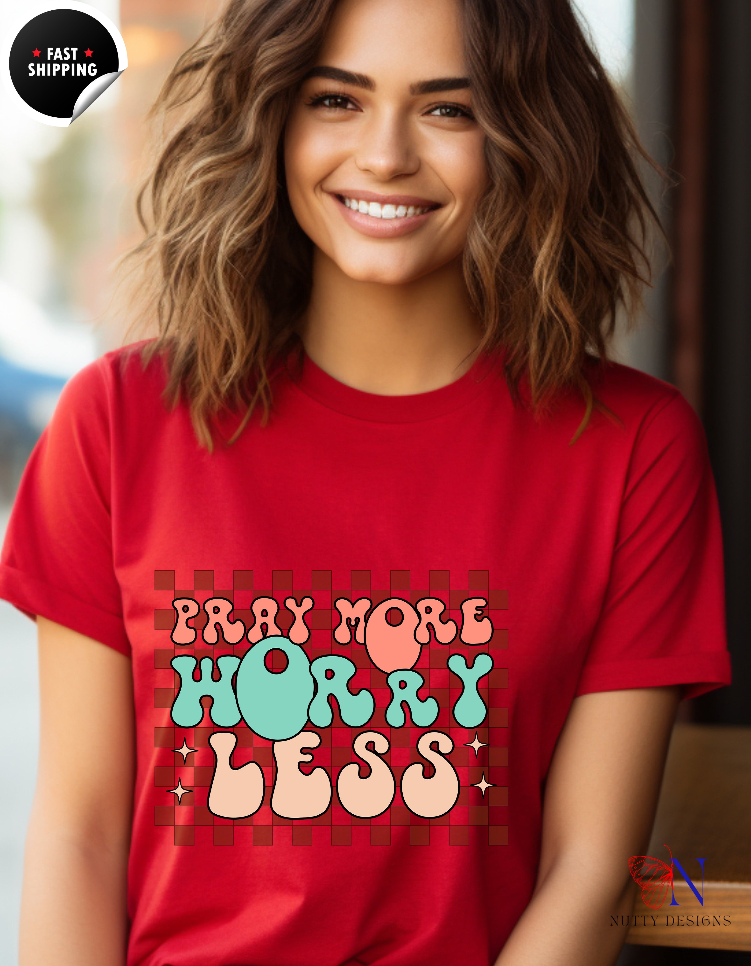 Pray More, Worry Less, Encouraging , Happy T-Shirt Lifestyle Mockup | Nutty Designs