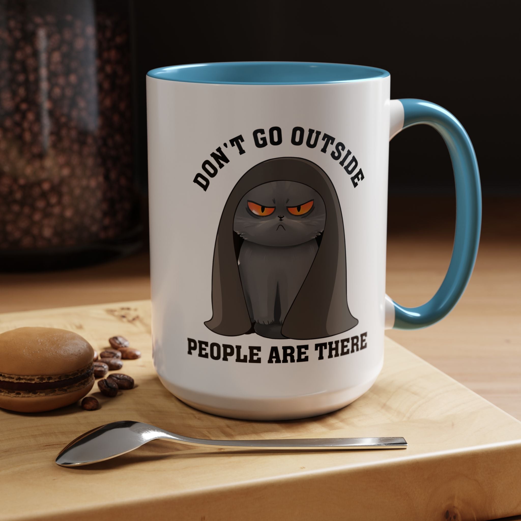 Funny Coffee Mug, Personalized Mug, Grumpy Cat Don't Go Outside People Are There Accent Cup (11, 15oz), Gift Under 20, White Elephant