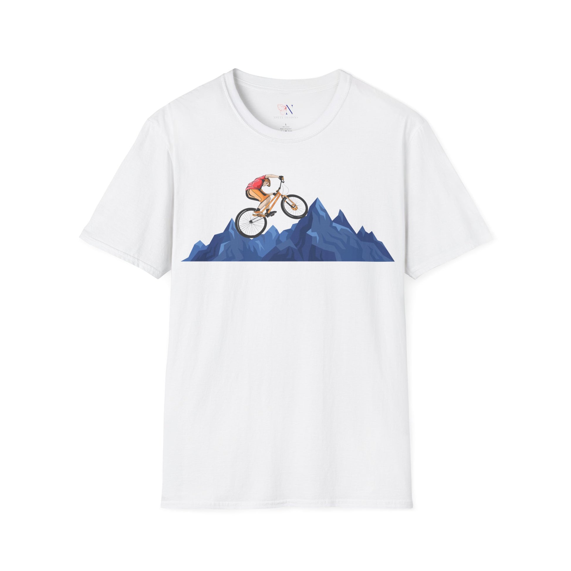 Mountain biking retro t-shirt featuring a cyclist graphic on a white background, perfect for vintage-style biking enthusiasts.