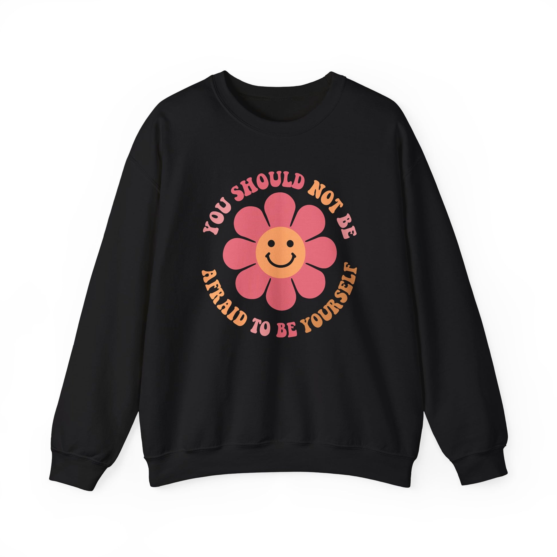 Black positive affirmation crewneck sweatshirt with smiley flower design for fall, unisex cozy sweater.