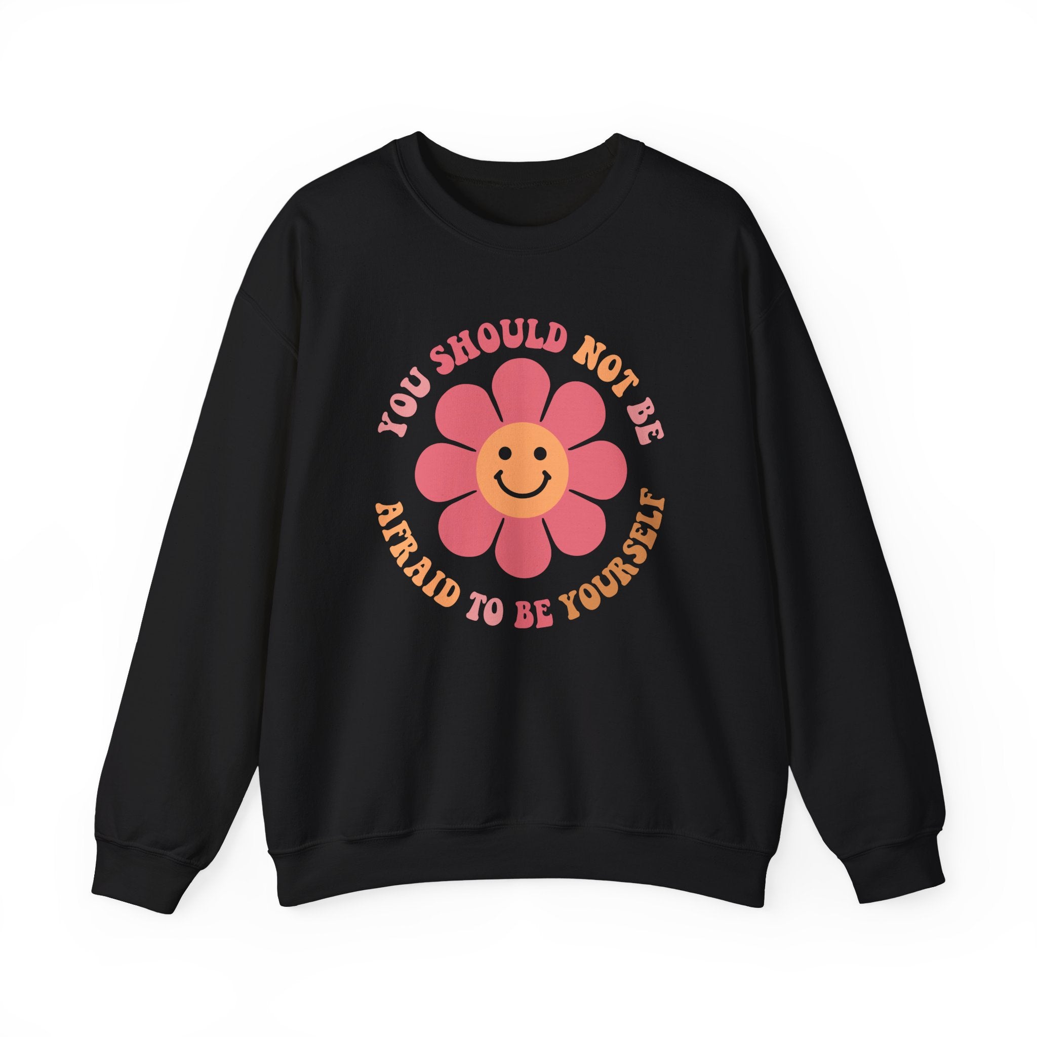 Black positive affirmation crewneck sweatshirt with smiley flower design for fall, unisex cozy sweater.