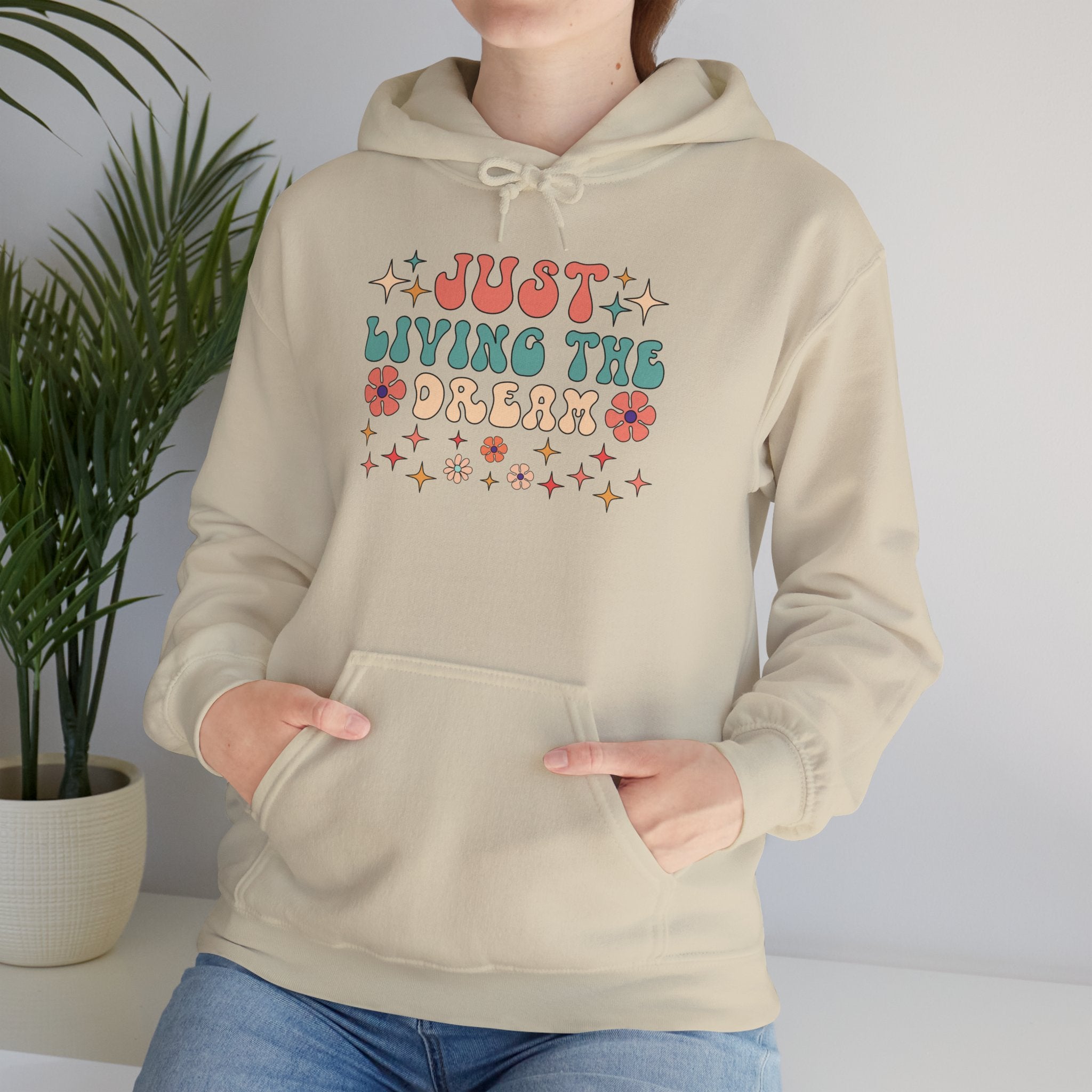 Just Living the Dream Hoodie — Retro Floral Boho Sweatshirt