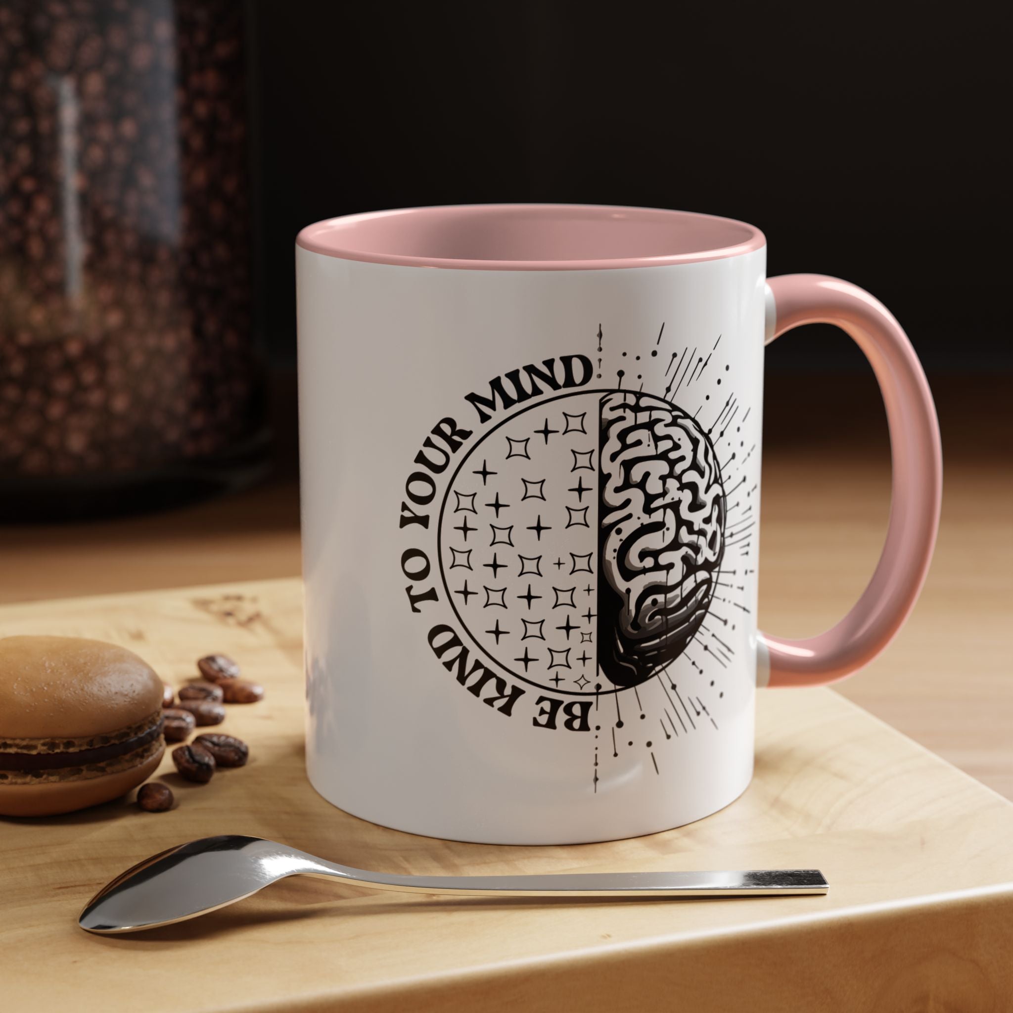 Funny Coffee Mug, Personalized Mug, Be Kind To Your Mind Accent Coffee Cup (11, 15oz), Gift Under 20, White Elephant, Mental Health Support