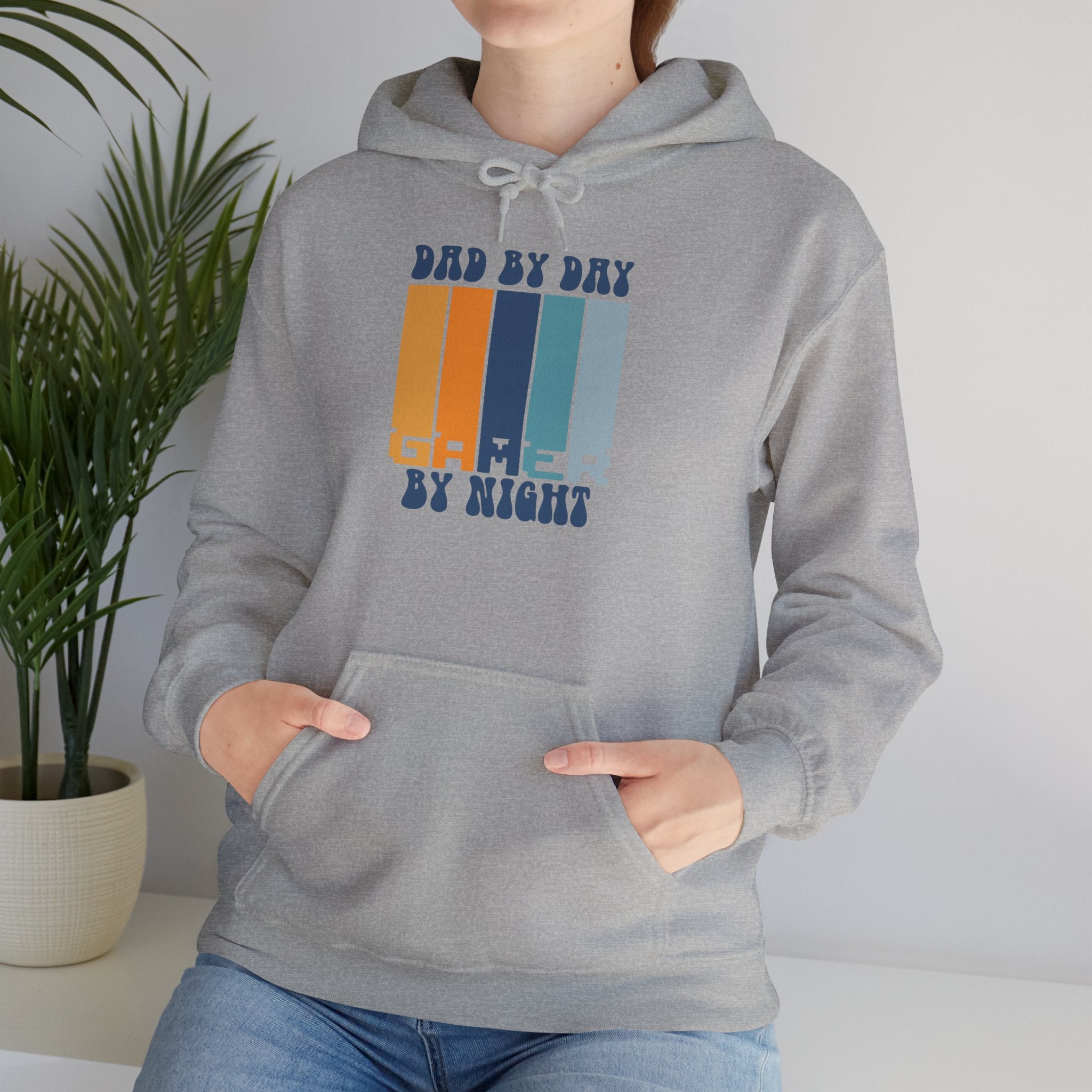 Dad by Day Gamer by Night Hoodie – Retro Stripes Gaming Dad Sweatshirt
