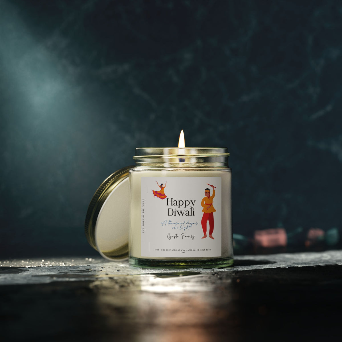 Personalized Diwali Candle — Dancing Couple I, 4 oz or 9 oz