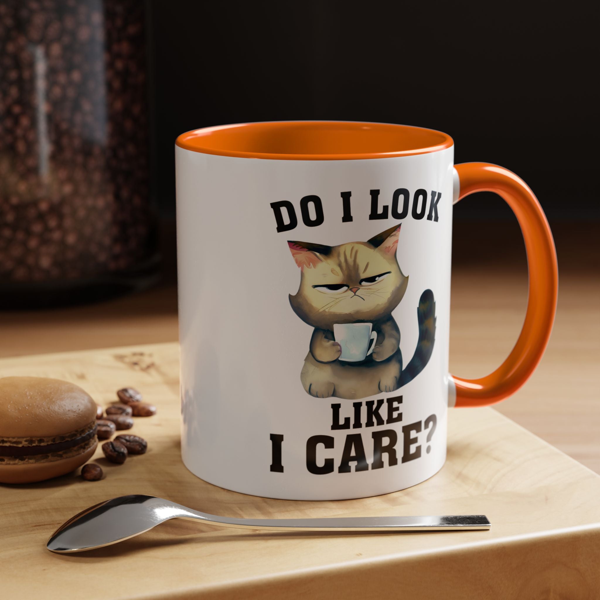 Funny Coffee Mug, Personalized Mug, Grumpy Cat DO I Look Like I Care Accent Cup (11, 15oz), Gift Under 20, White Elephant gift