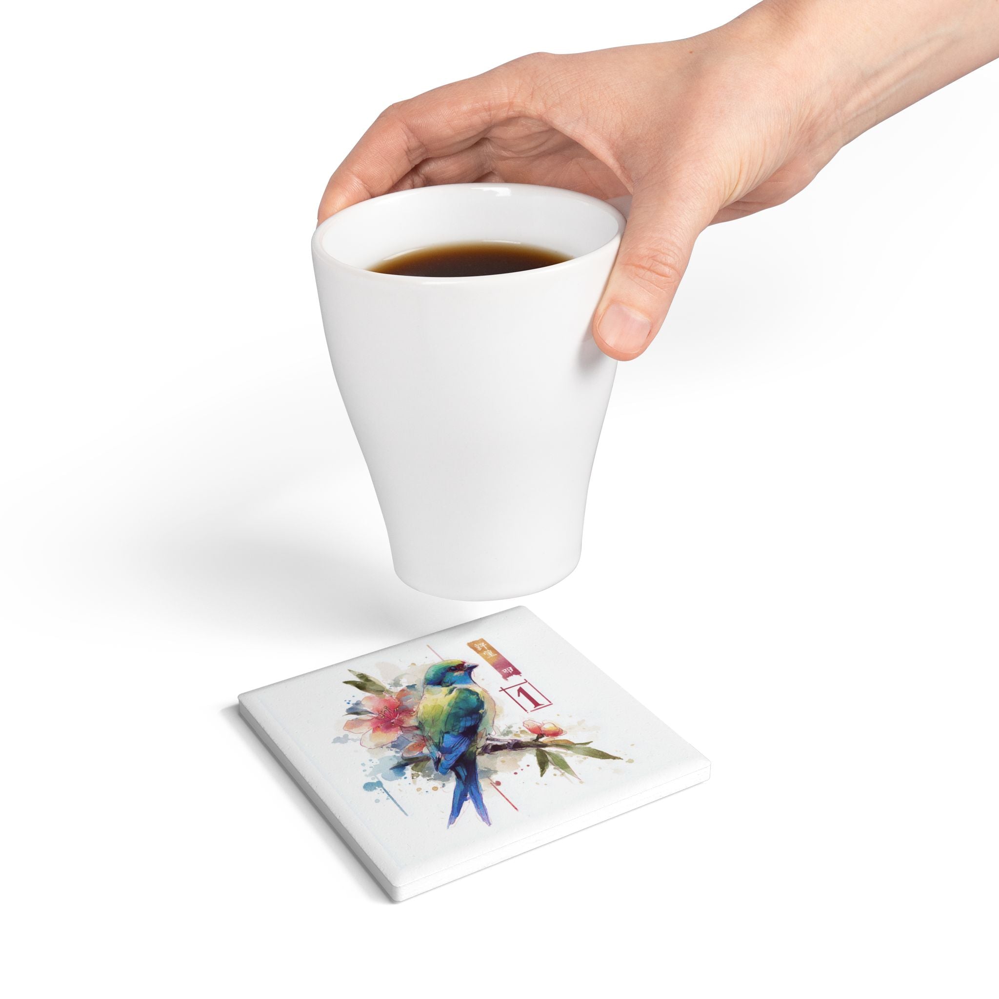 One Bam Bird Mahjong Ceramic Coaster - Decorative Drinkware, Home Decor, Gift for MAHJ Game Lovers, Nature Art, Mahjong Gift