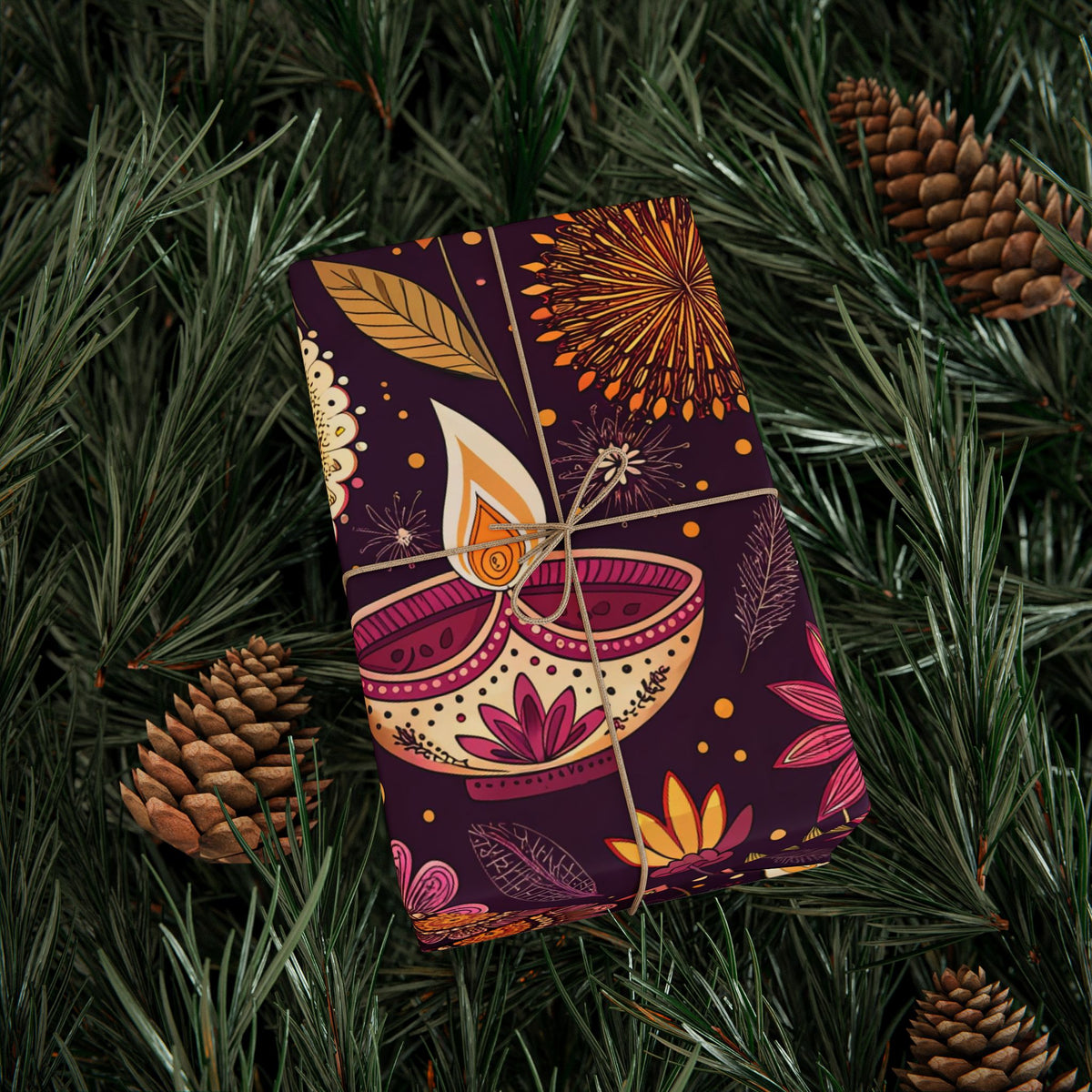 Diwali Wrapping Paper Roll - Purple Diyas & Floral Indian Gift Wrap