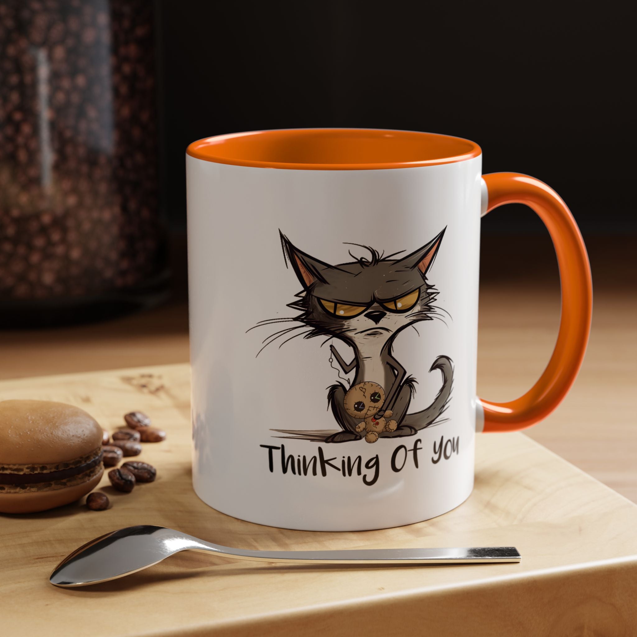 Funny Coffee Mug, Personalized Mug, Thinking Of You, Grumpy Cat Holding Voodoo Doll  Accent Cup (11, 15oz), Gift Under 20, White Elephant