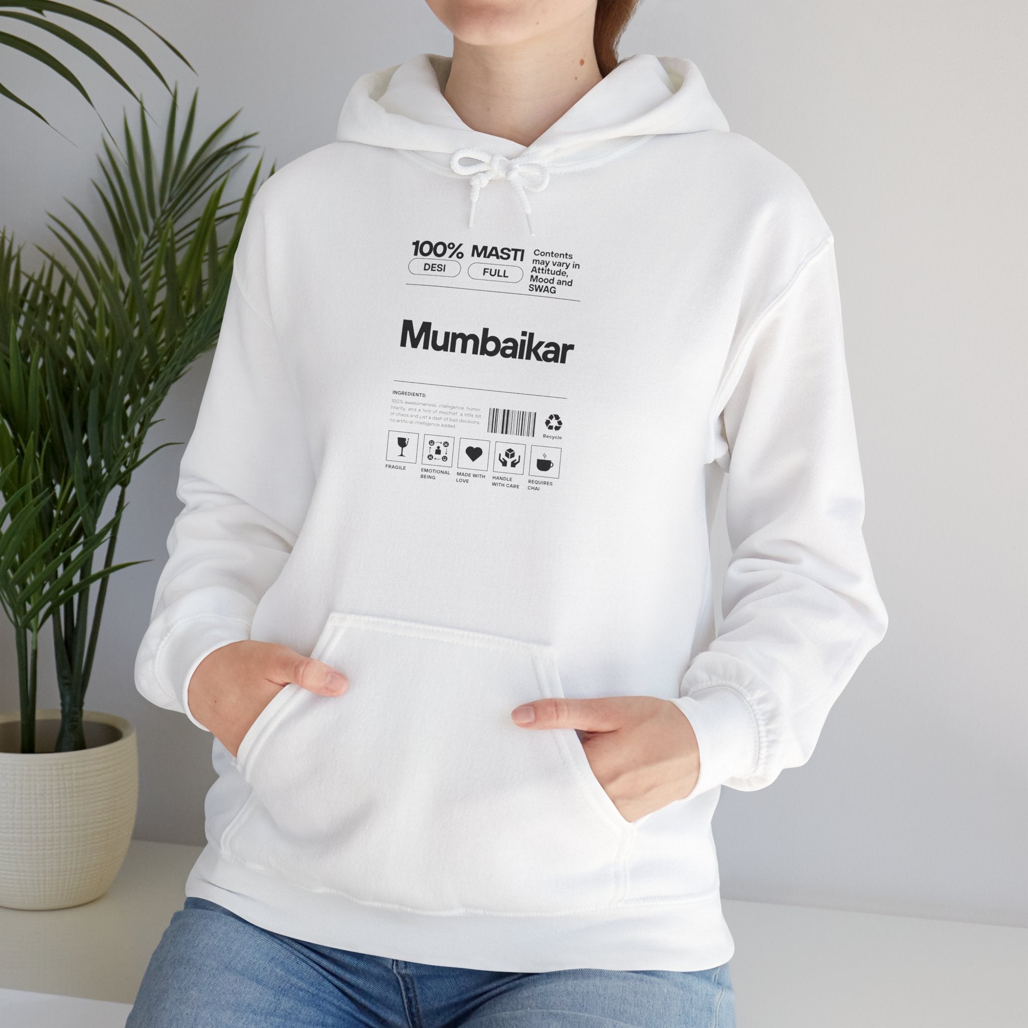 Mumbaikar Label Hoodie — Minimalist White Pullover with 'Mumbaikar' Tag Design
