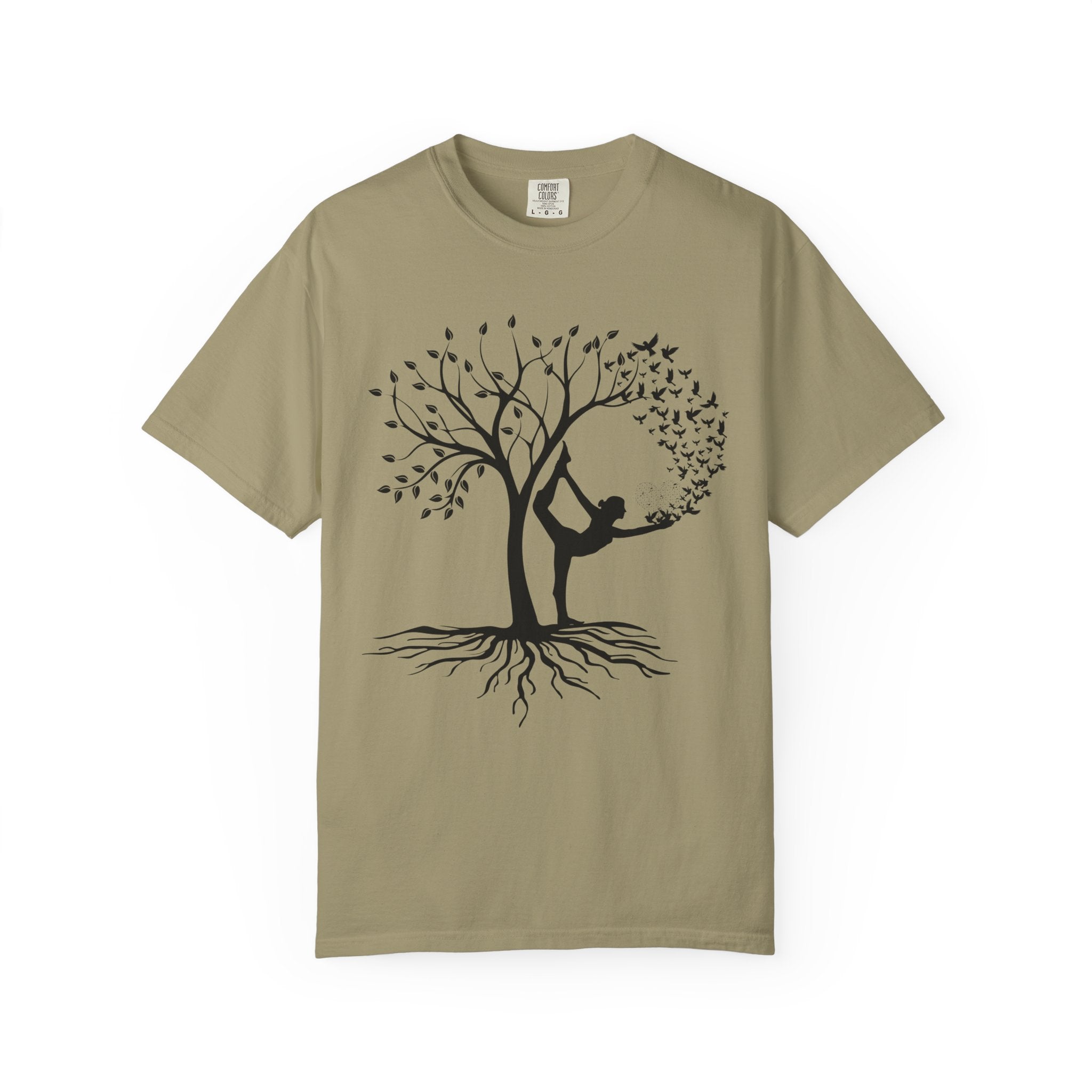 Woman Yoga Tree & Bird Meditation T-Shirt — Calming, Positive Motivational Tee
