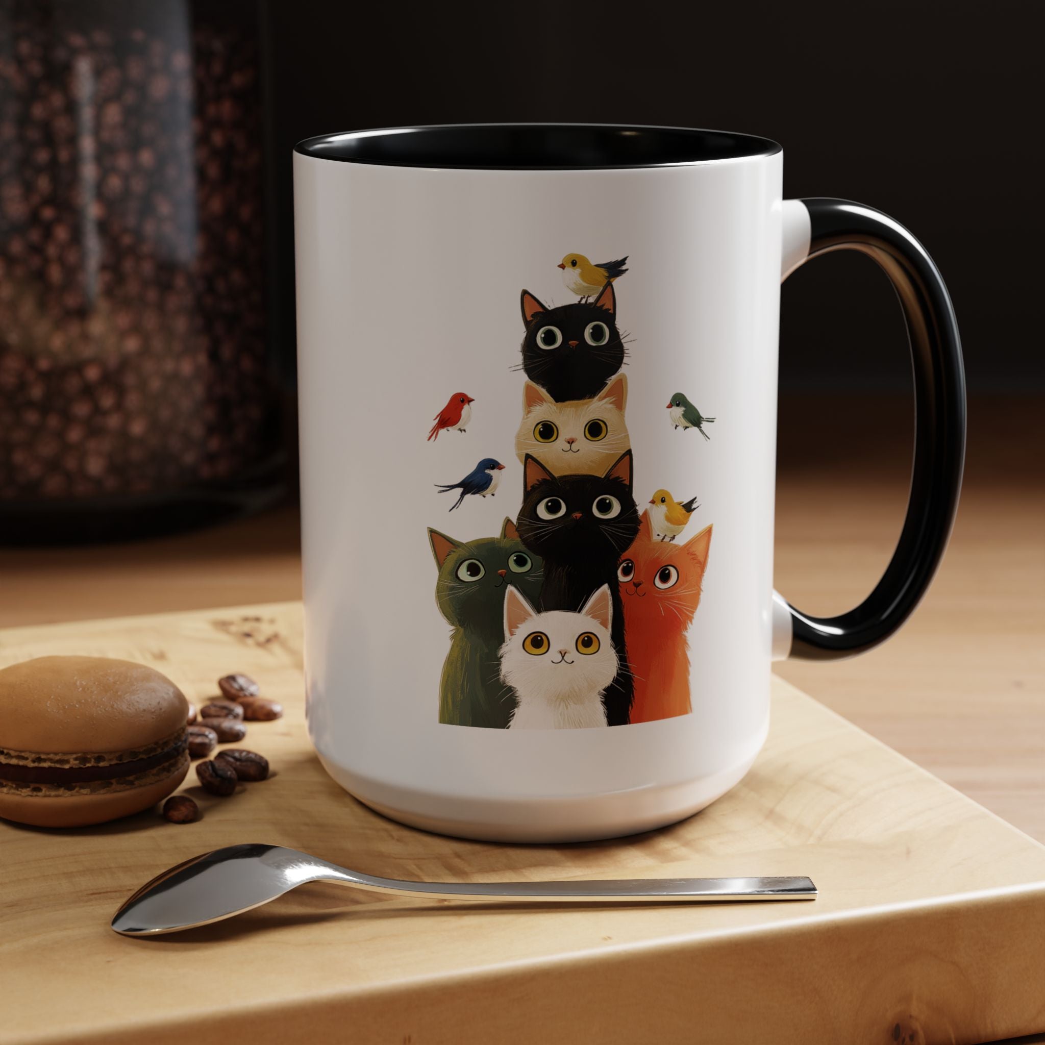 Funny Coffee Mug, Personalized Mug, Cats and Birds Accent Coffee Cup (11, 15oz), Gift Under 20, White Elephant gift, for animal & pet lovers