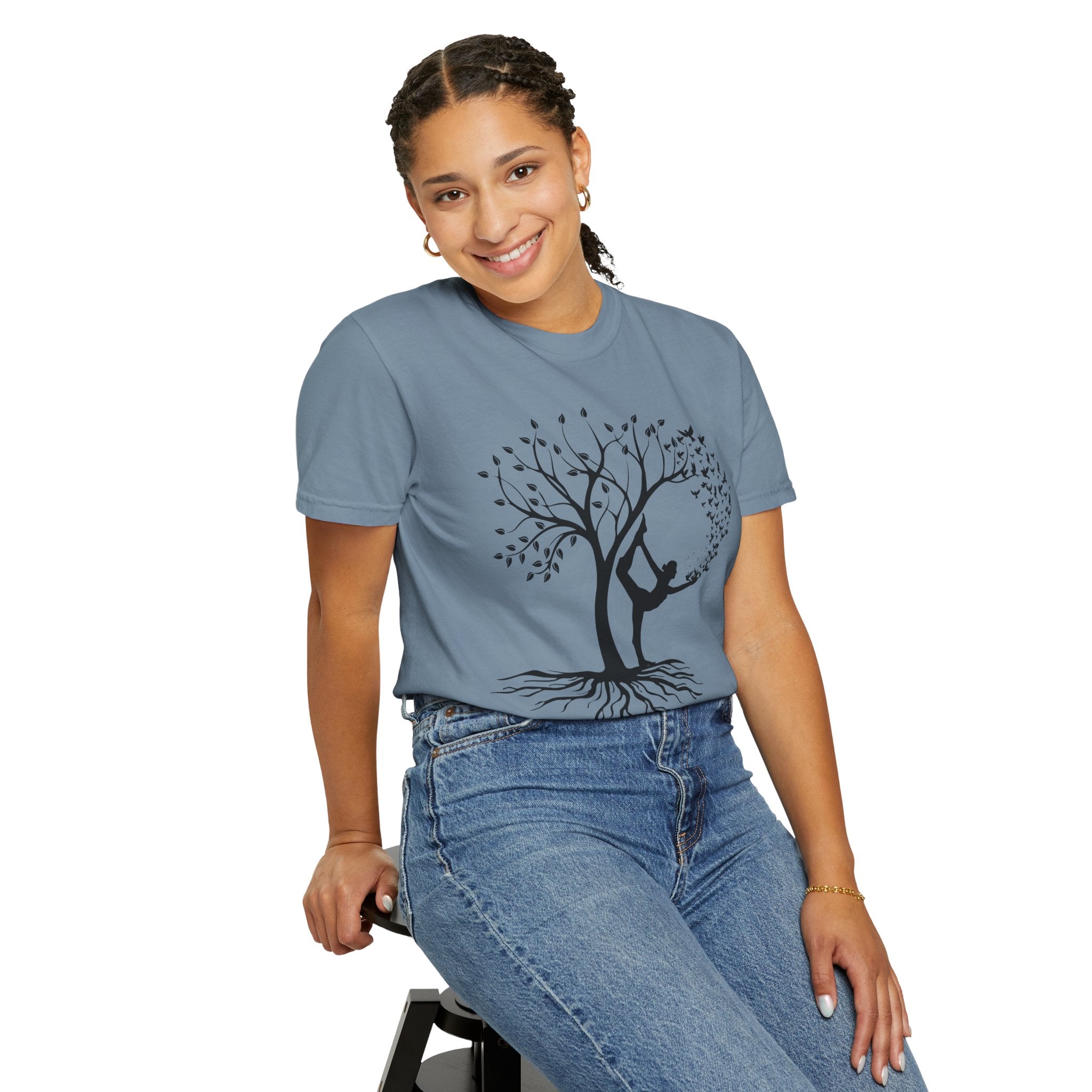 Woman Yoga Tree & Bird Meditation T-Shirt — Calming, Positive Motivational Tee