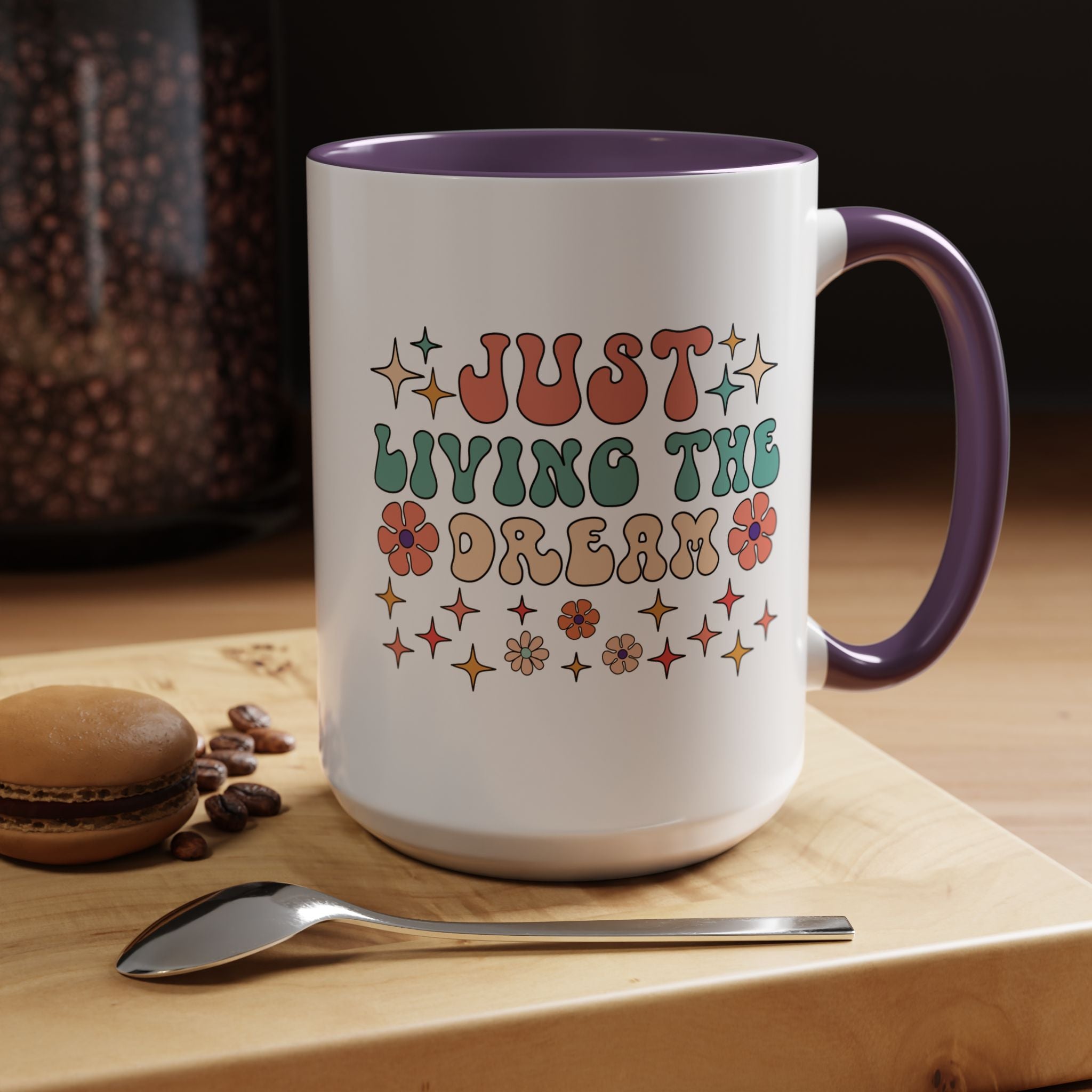 Personalized Mug, Just Living The Dream Accent Cup (11, 15oz), Gift Under 20, White Elephant, Positivity Motivational Mug, Happy Vibes