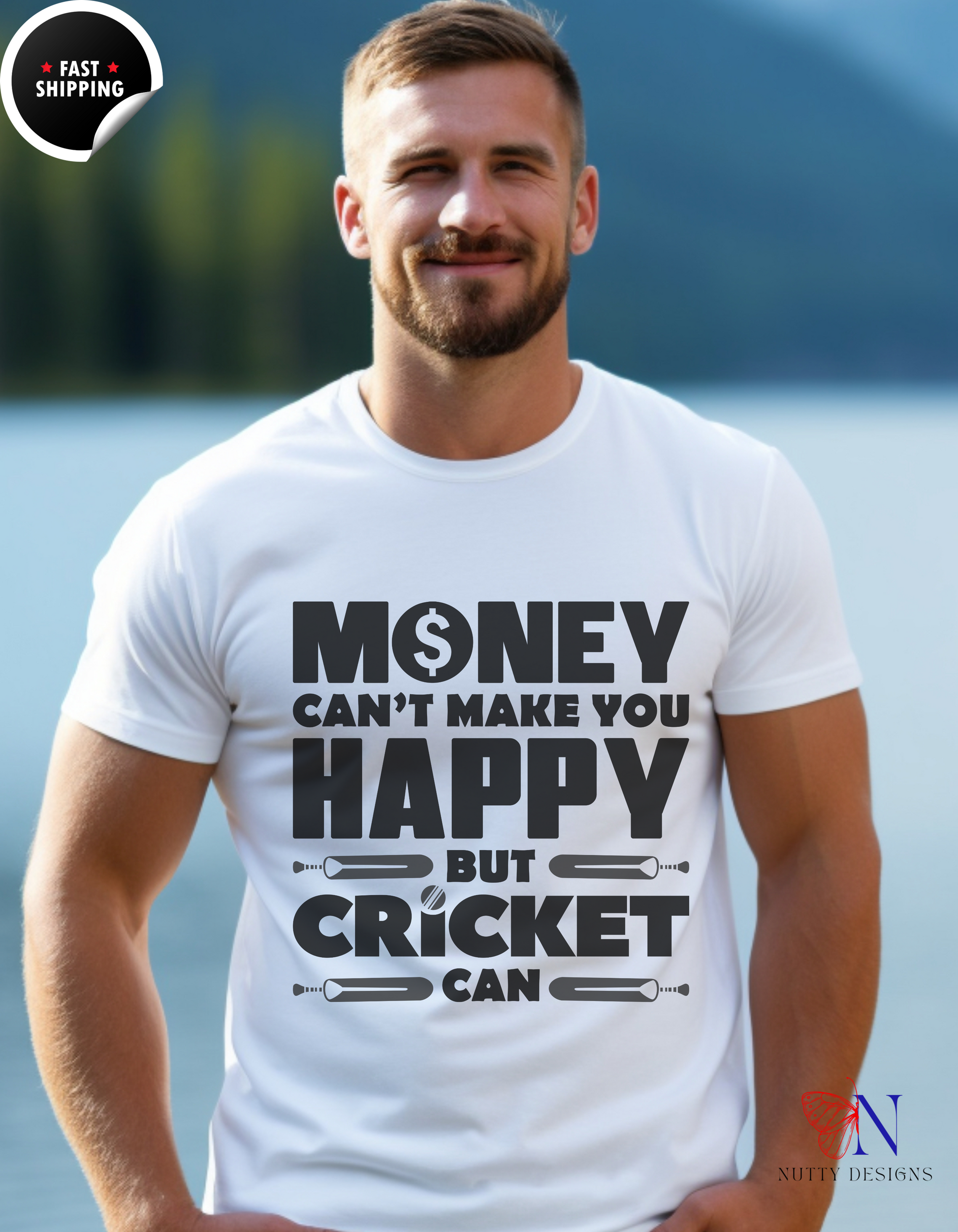 Money can't make you happy but Cricket can, unique T-Shirt Lifestyle Mockup | Nutty Designs
