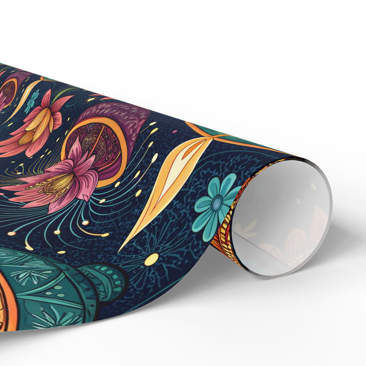 Diwali Wrapping Paper Roll - Navy Diyas, Lotus & Fireworks Indian Gift Wrap