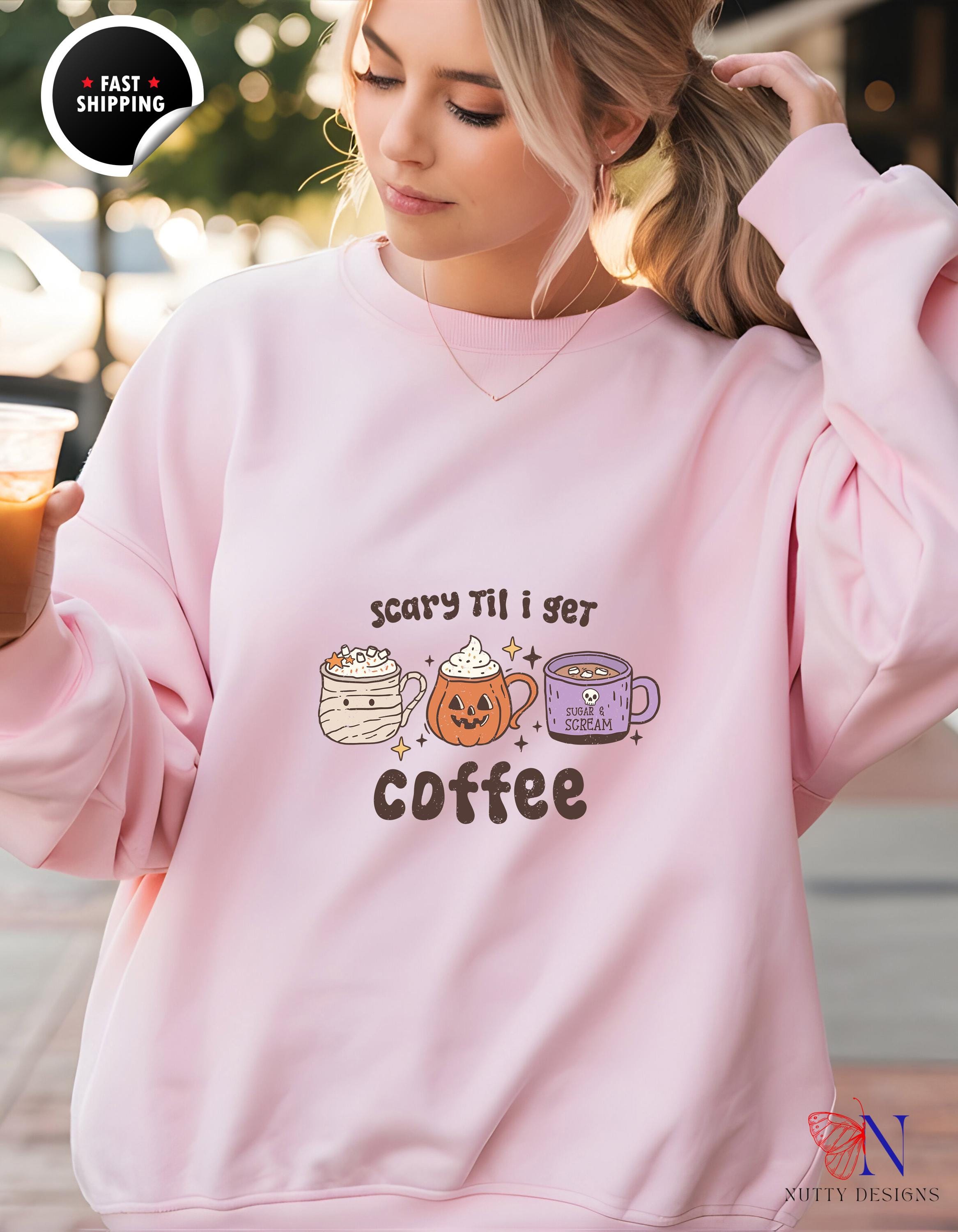 Distressed Sweatshirt | Scary Till I Get Coffee | Cozy Vintage Style | Perfect for Fall | Unique Gift Idea