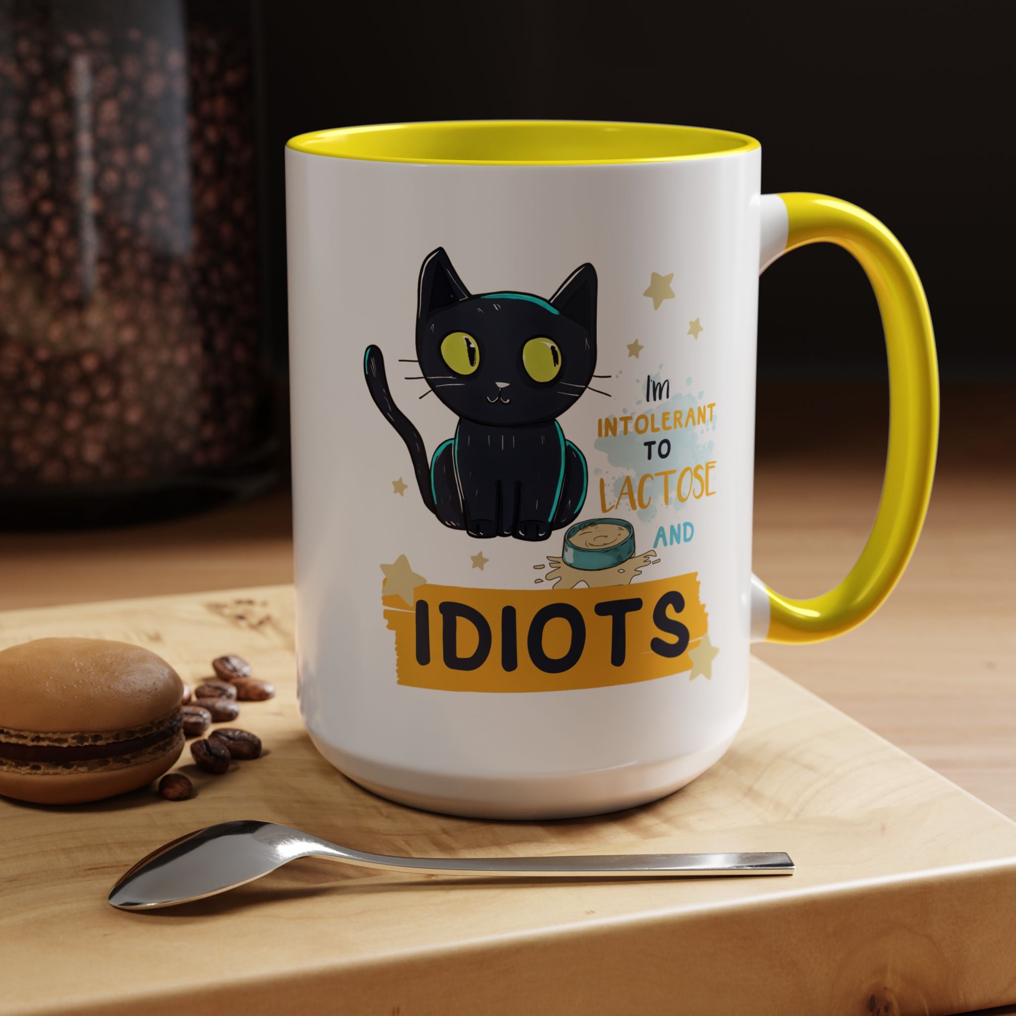 Funny Coffee Mug, Personalized Mug, Cute Cat Intolerant To Lactose and Idiots Accent Cup (11, 15oz), Gift Under 20, White Elephant gift
