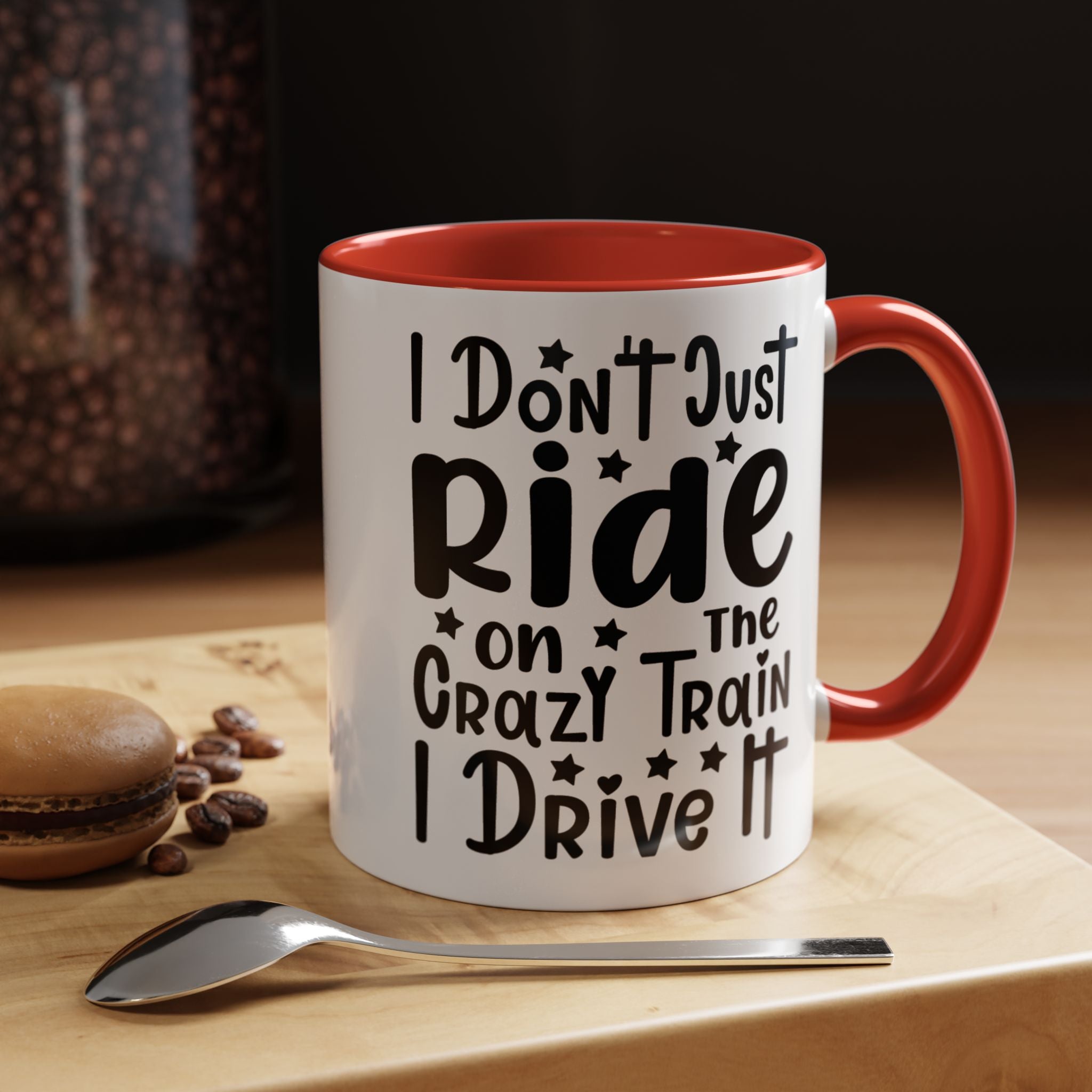 Funny Coffee Mug, Personalized Mug, I don't Just Ride On The Crazy Train I Drive It,  Accent Cup (11, 15oz), Gift Under 20, White Elephant