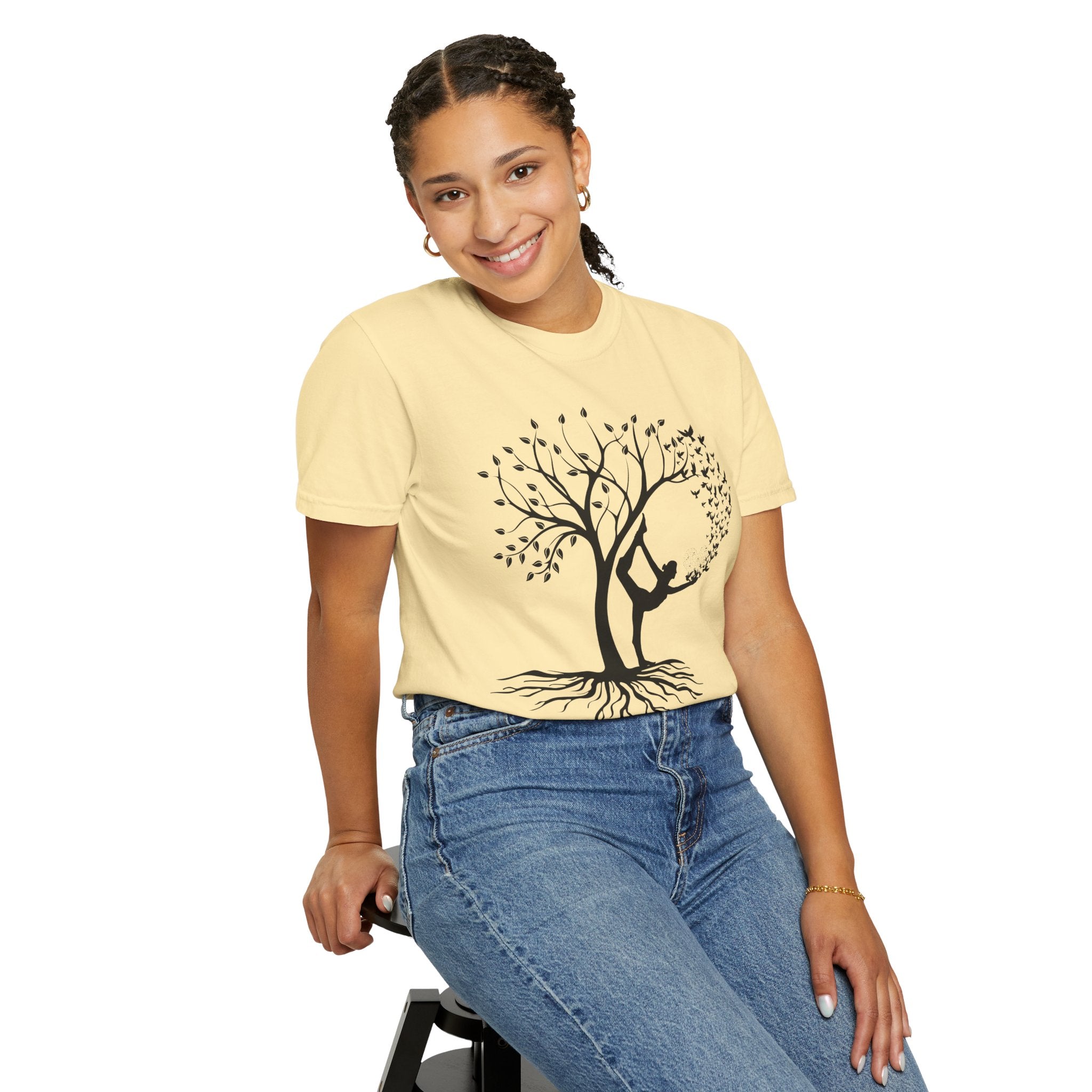 Woman Yoga Tree & Bird Meditation T-Shirt — Calming, Positive Motivational Tee